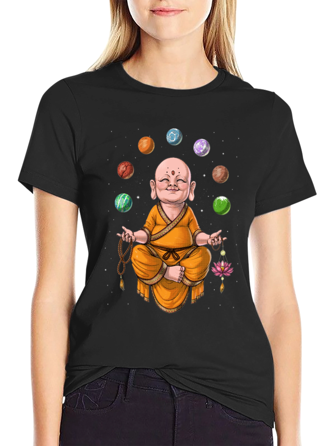 Enlightened Monk T-Shirt - Meditating Buddha with Planets