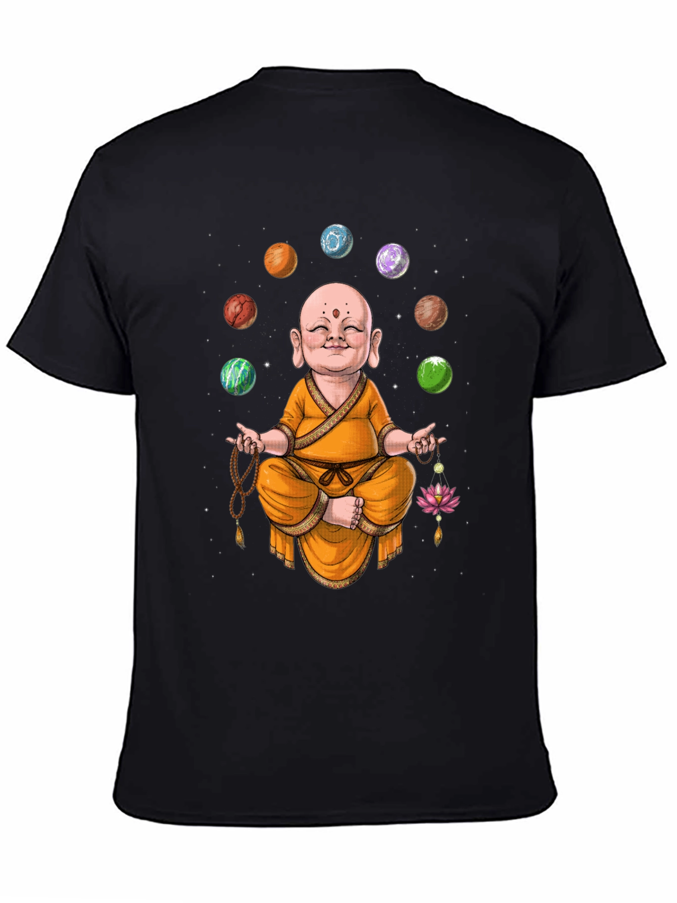 Enlightened Monk T-Shirt - Meditating Buddha with Planets