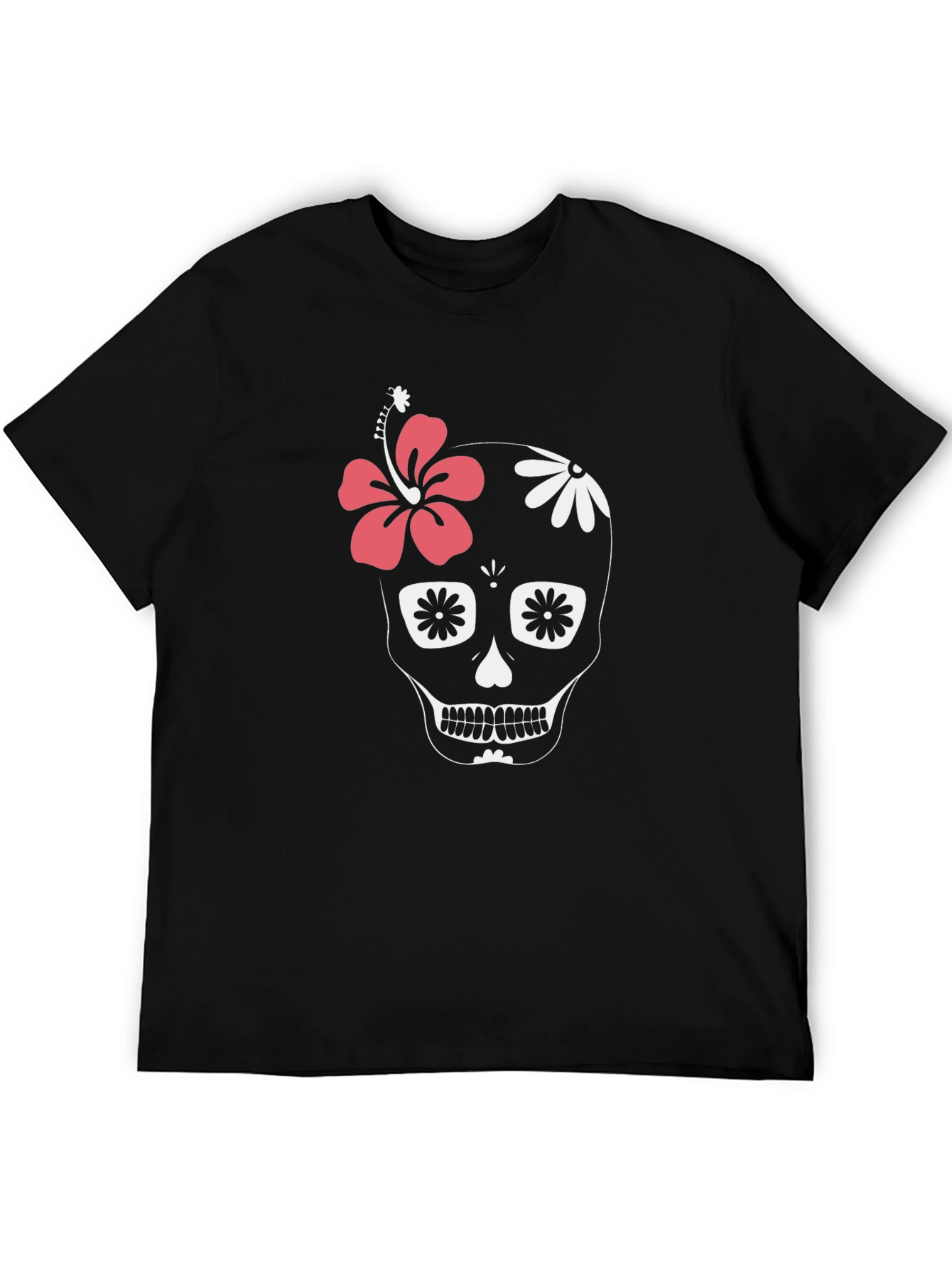 Floral Skull Graphic Tee - Black Cotton Casual T-Shirt