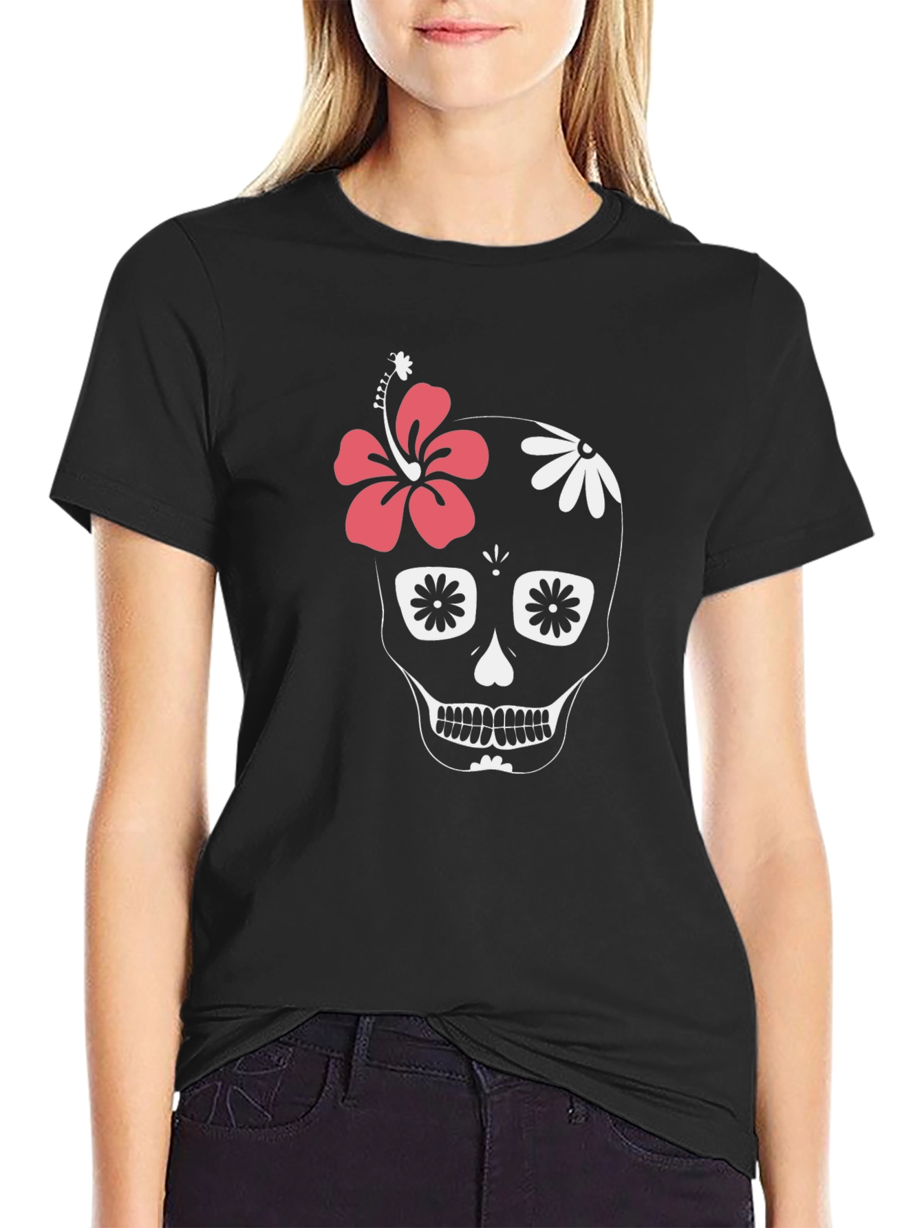 Floral Skull Graphic Tee - Black Cotton Casual T-Shirt
