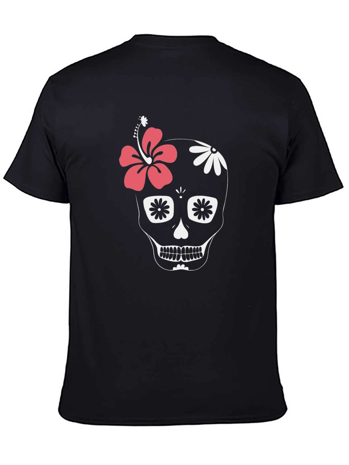 Floral Skull Graphic Tee - Black Cotton Casual T-Shirt