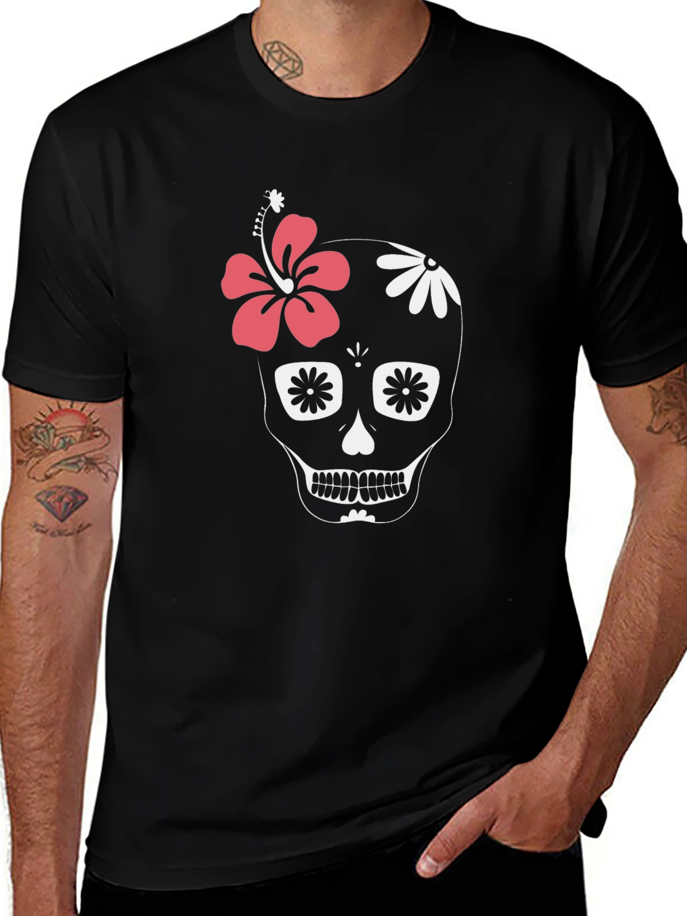 Floral Skull Graphic Tee - Black Cotton Casual T-Shirt