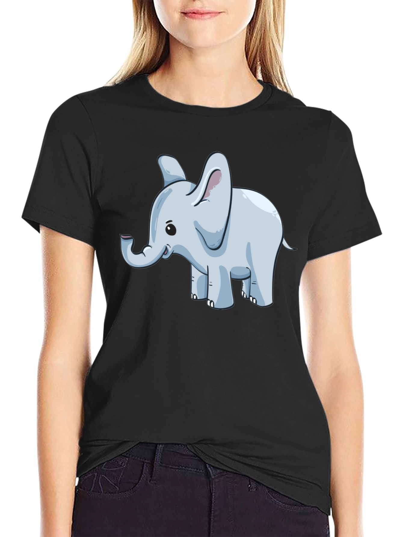 Cute Elephant Graphic Tee - Black Cotton Blend