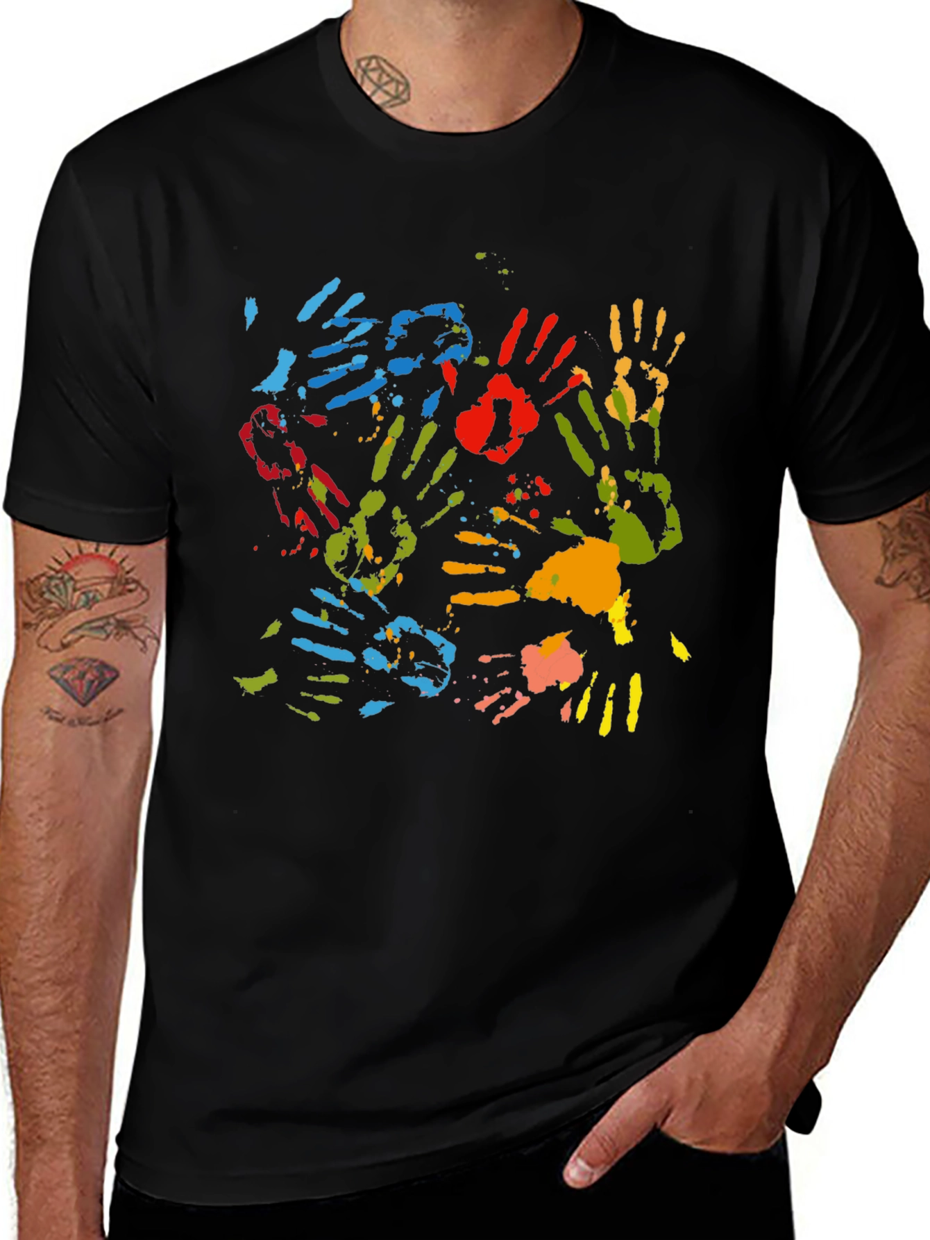 Colorful Handprint Graphic Black T-Shirt