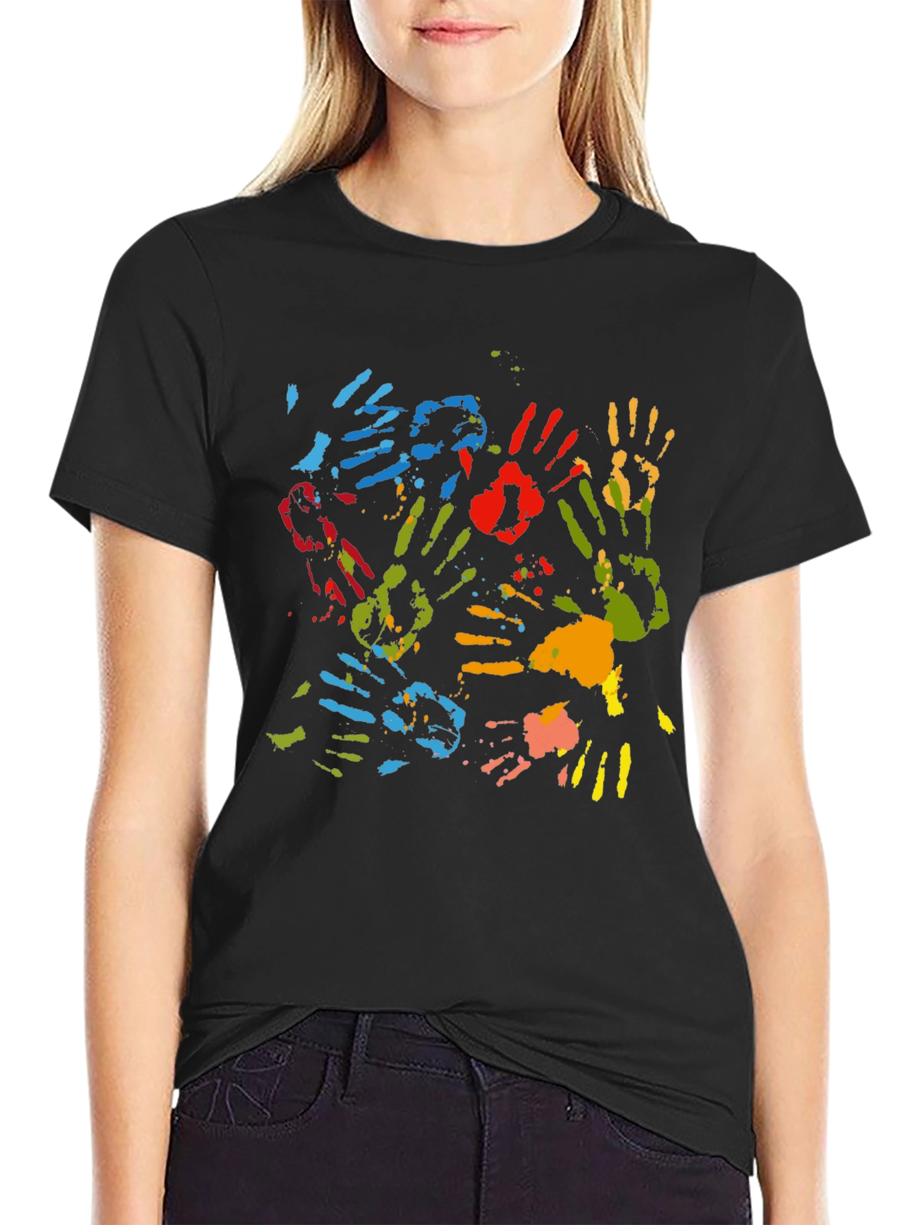 Colorful Handprint Graphic Black T-Shirt