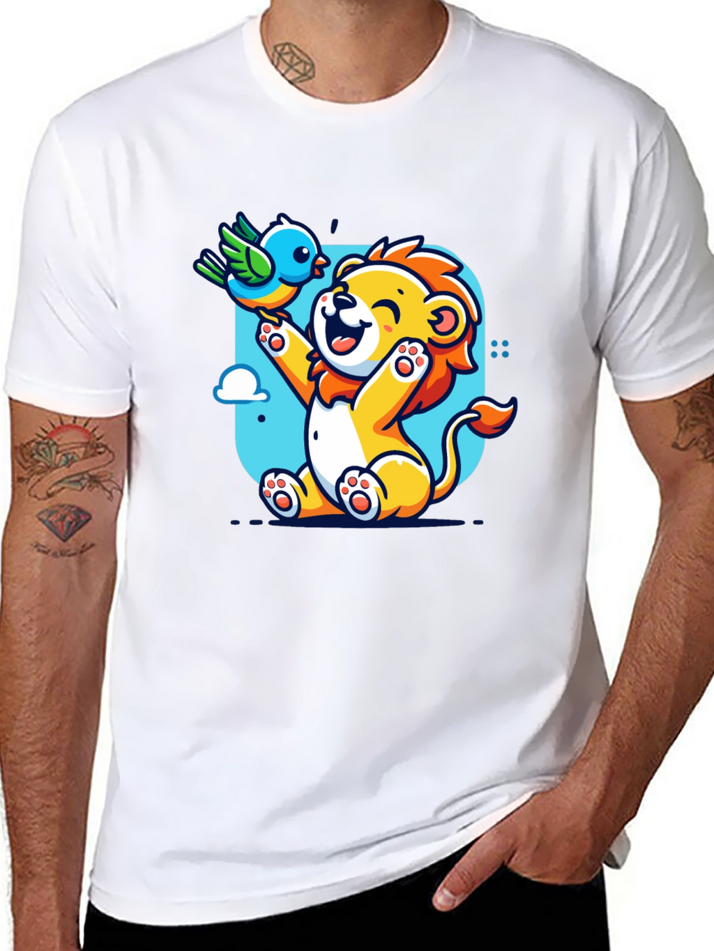Cartoon Lion & Bird Graphic T-Shirt