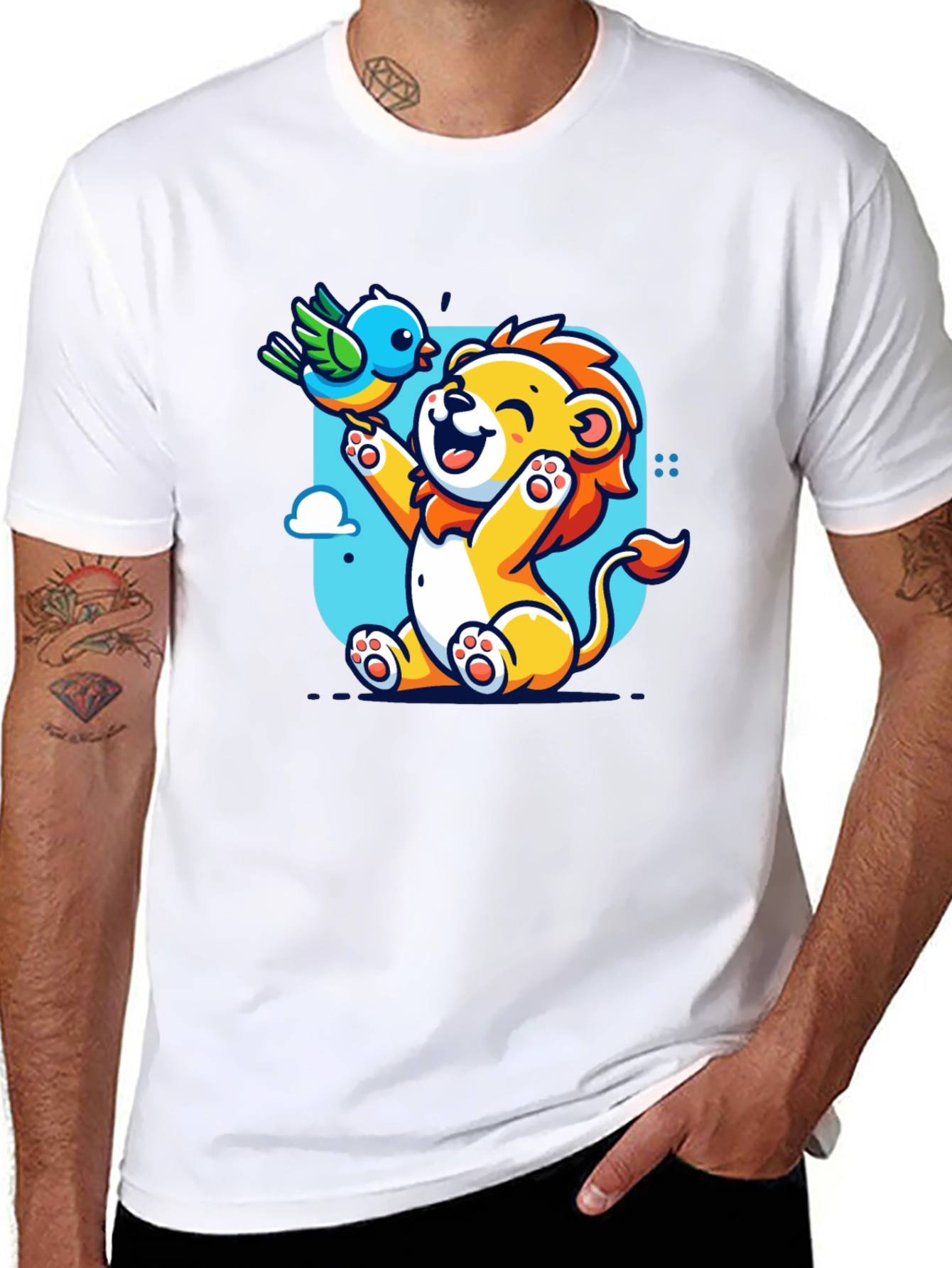 Cartoon Lion & Bird Graphic T-Shirt