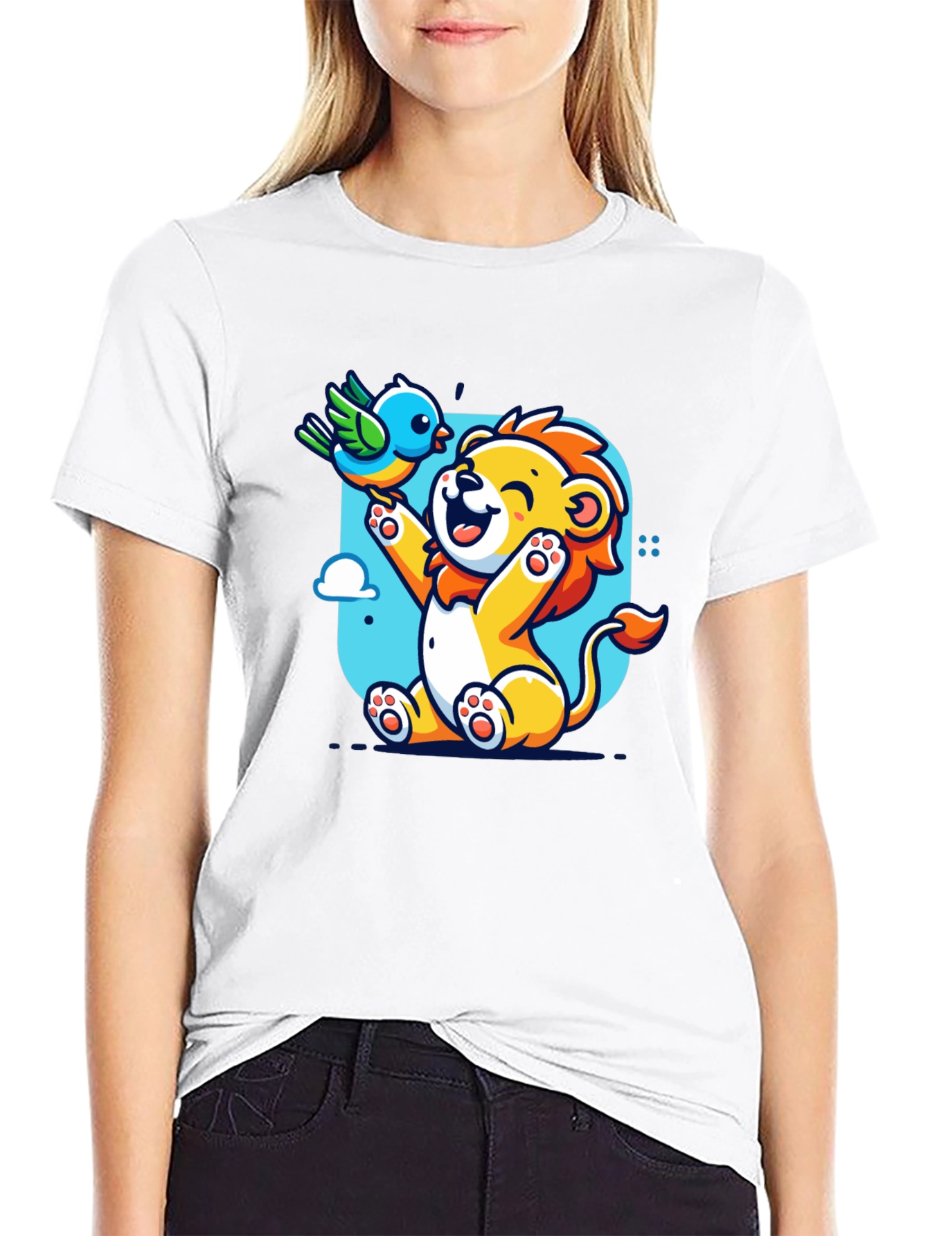 Cartoon Lion & Bird Graphic T-Shirt