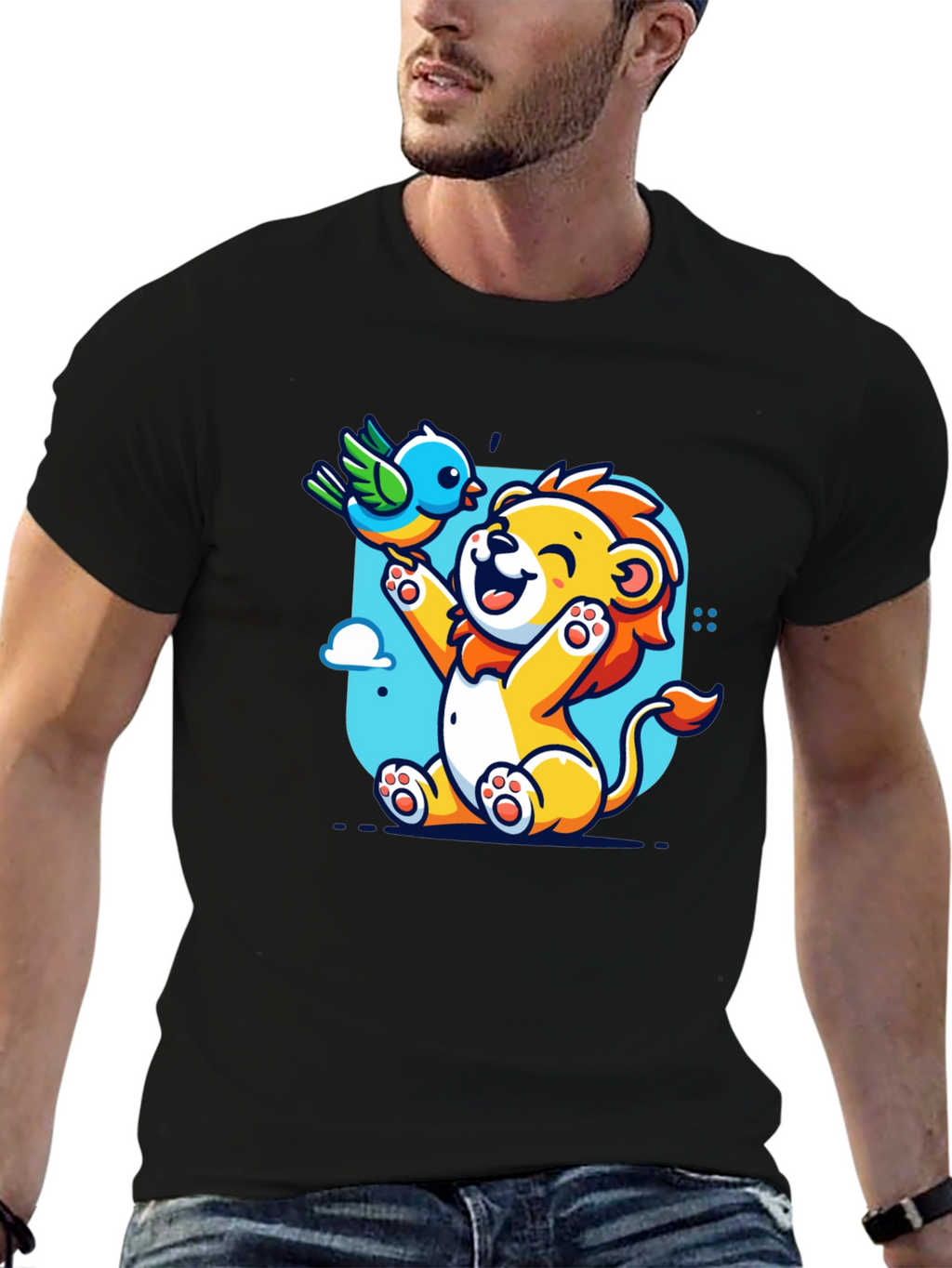 Cartoon Lion & Bird Graphic T-Shirt