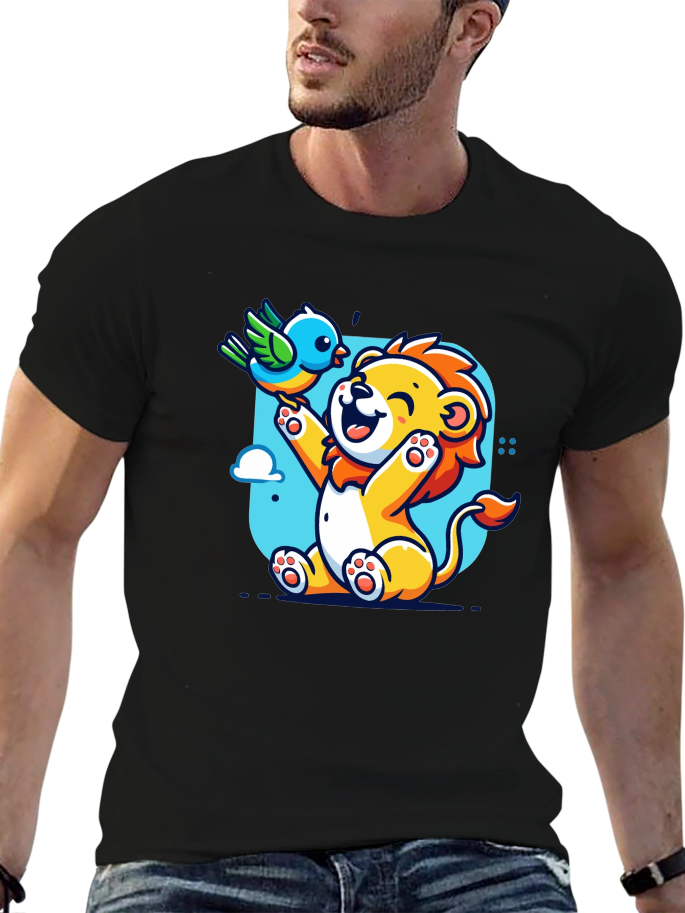 Cartoon Lion & Bird Graphic T-Shirt