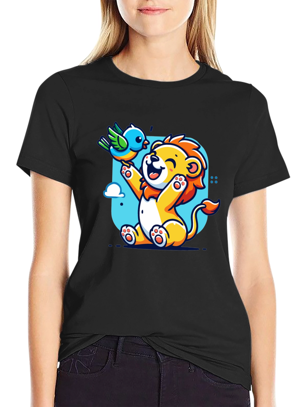 Cartoon Lion & Bird Graphic T-Shirt