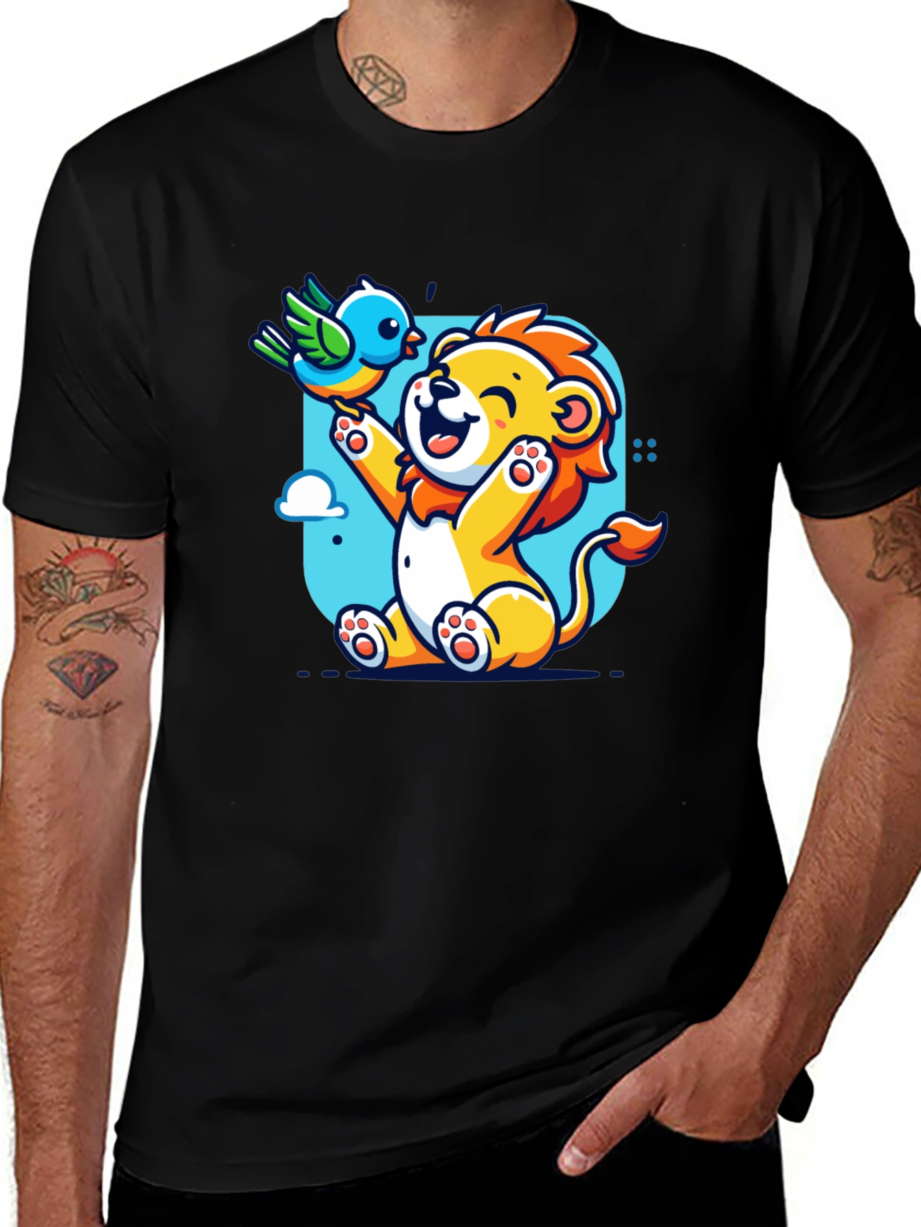 Cartoon Lion & Bird Graphic T-Shirt