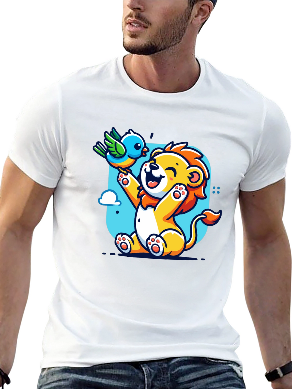 Cartoon Lion & Bird Graphic T-Shirt