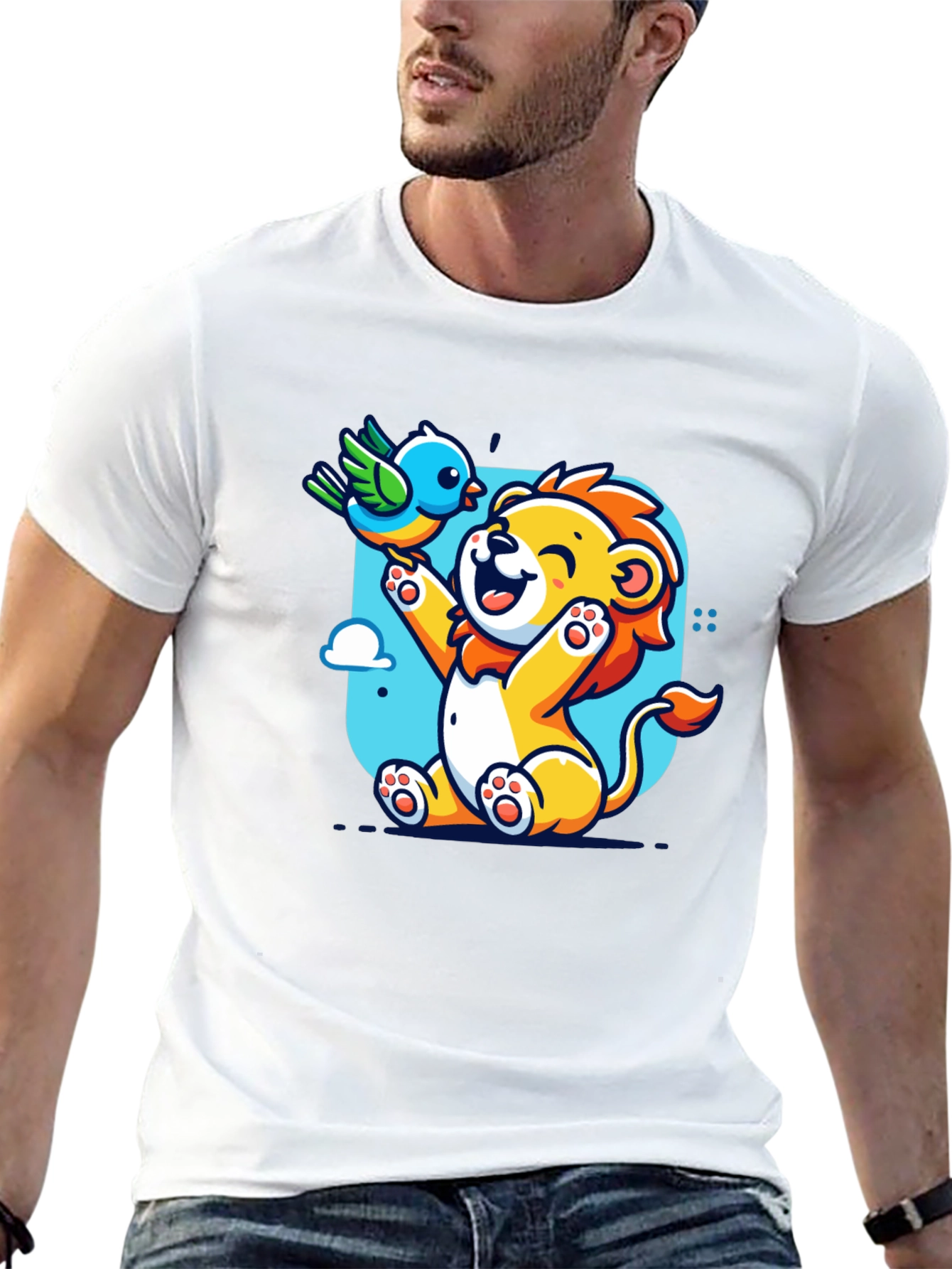 Cartoon Lion & Bird Graphic T-Shirt