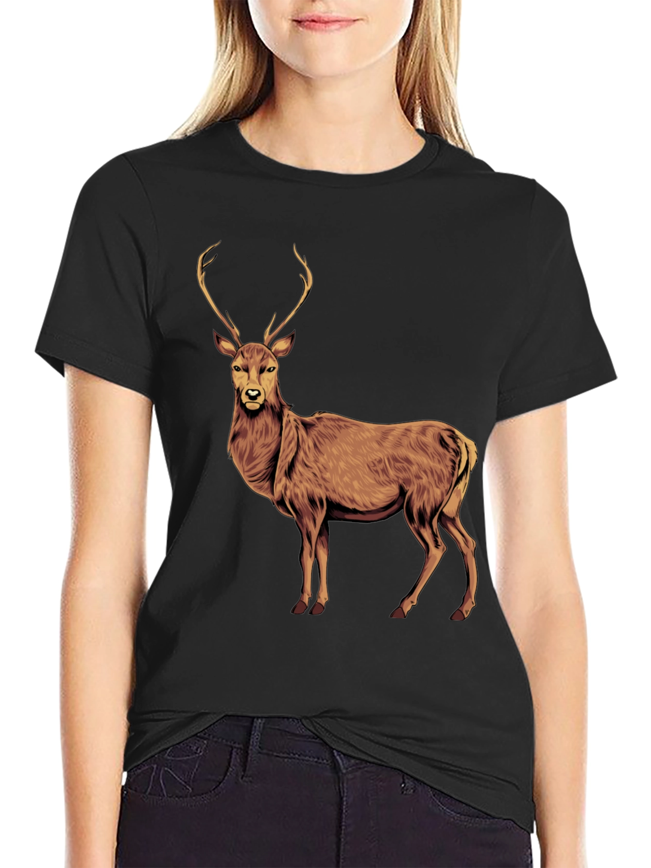 Deer Graphic Tee - Black Cotton T-Shirt