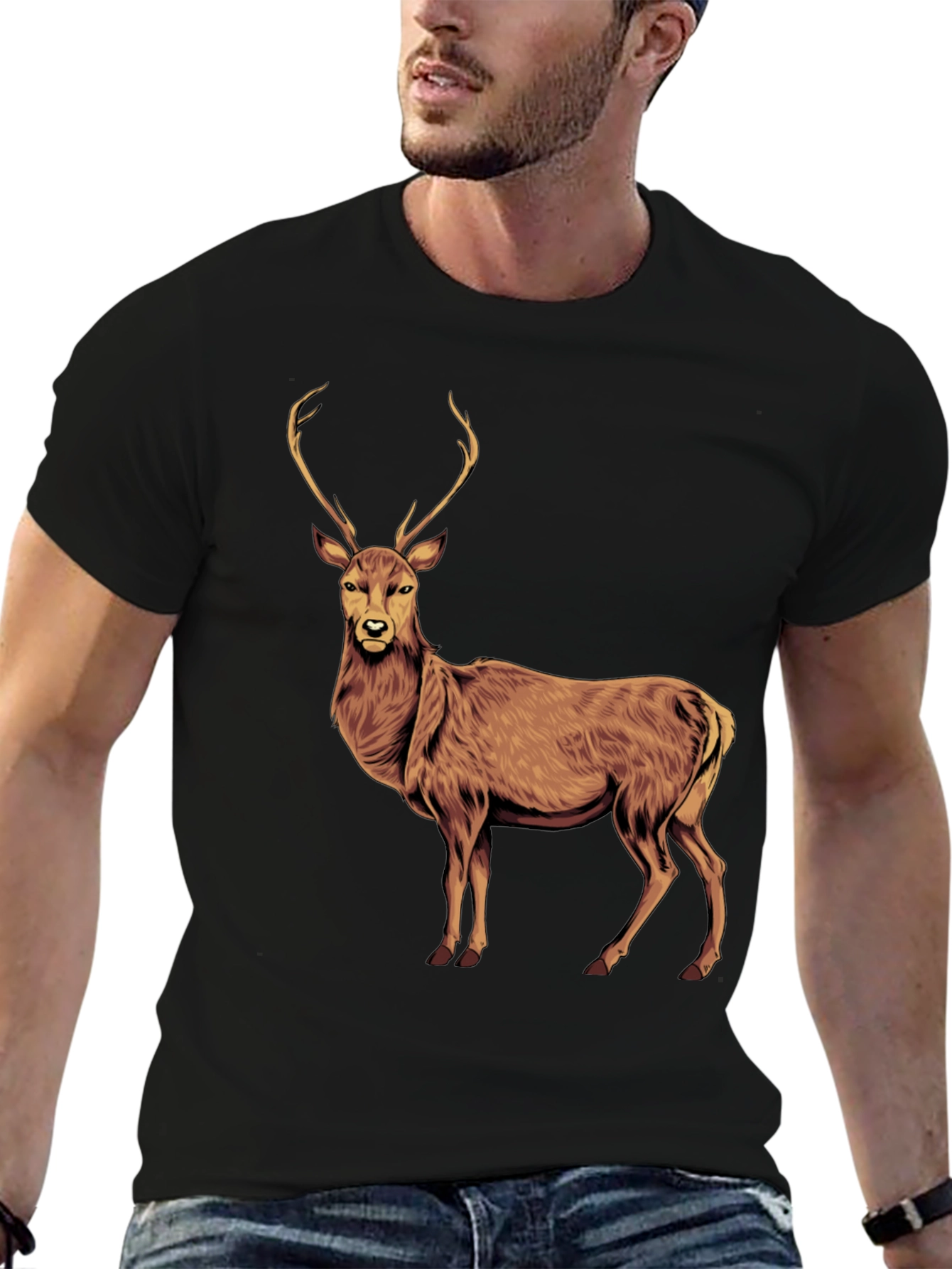 Deer Graphic Tee - Black Cotton T-Shirt