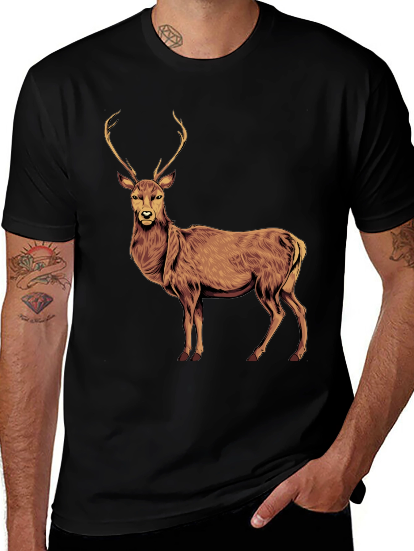 Deer Graphic Tee - Black Cotton T-Shirt