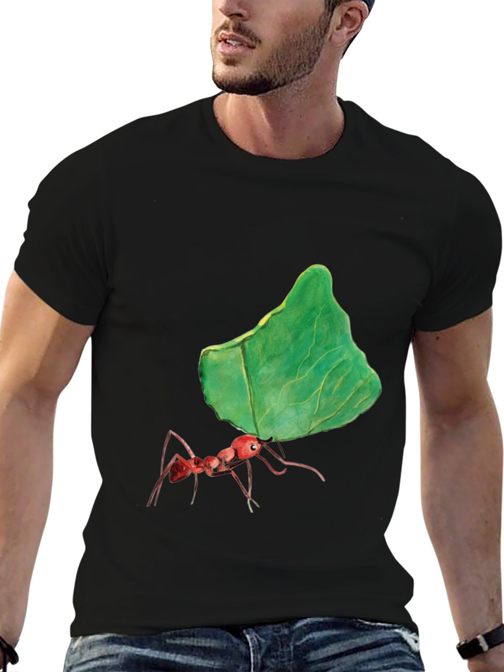 Ant Carrying Leaf Graphic Tee - Black