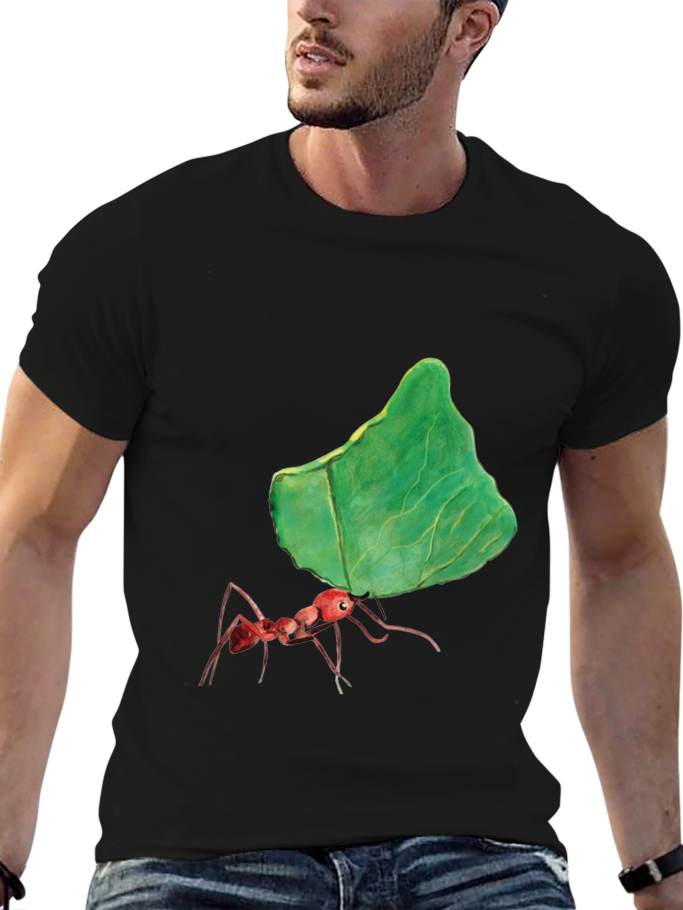 Ant Carrying Leaf Graphic Tee - Black