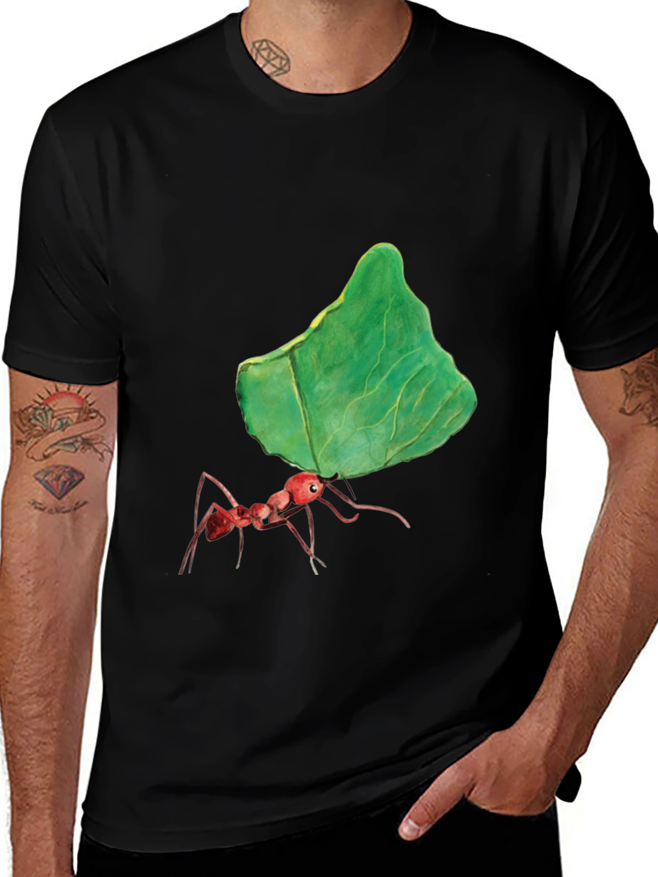 Ant Carrying Leaf Graphic Tee - Black