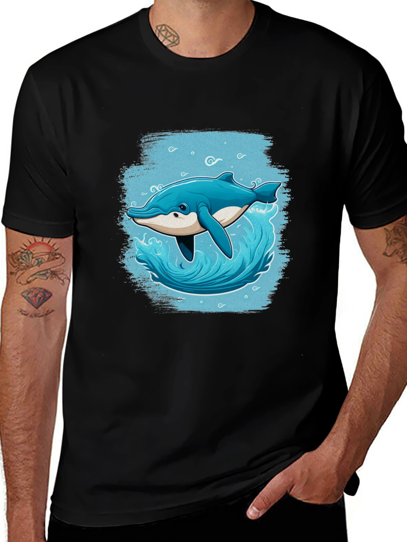 Dolphin Splash Graphic Tee - Black Cotton T-Shirt