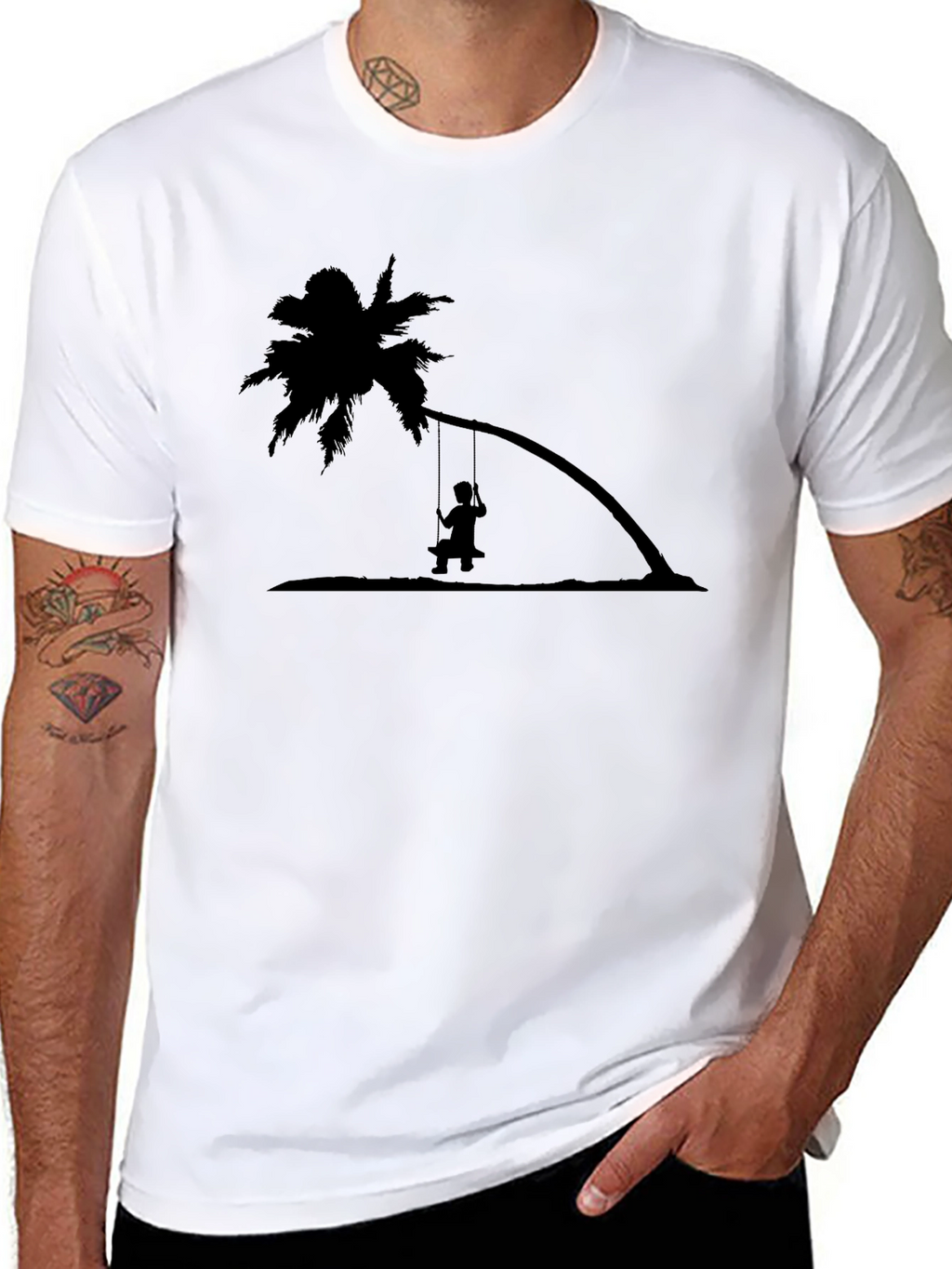 Black T-Shirt with Palm Tree Swing Design
