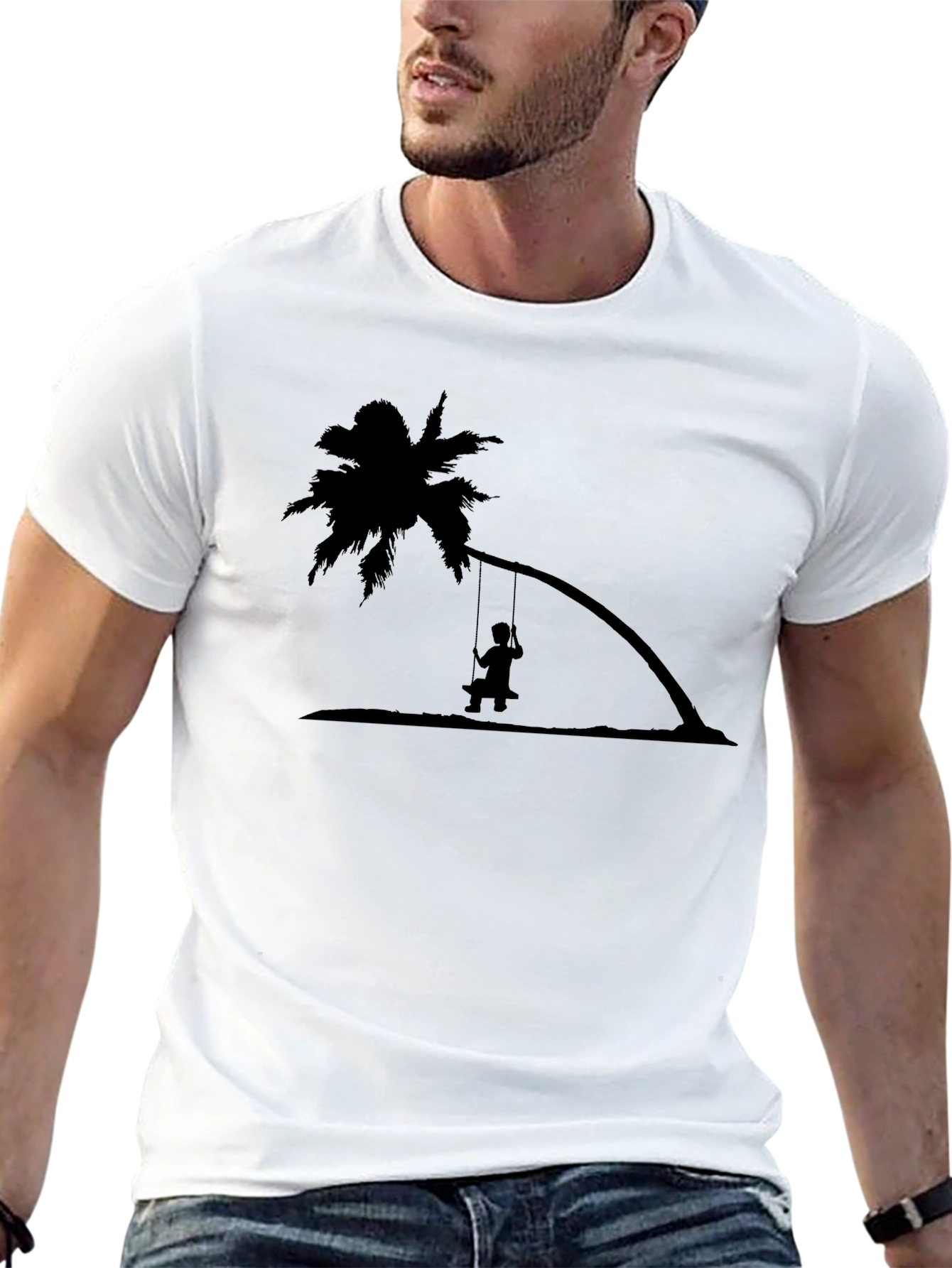 Black T-Shirt with Palm Tree Swing Design