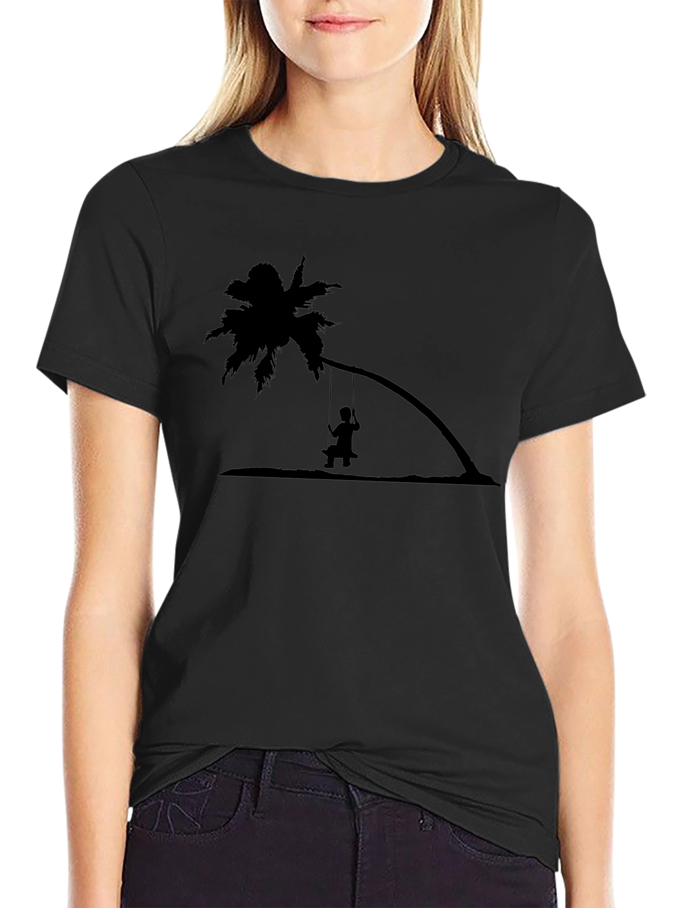 Black T-Shirt with Palm Tree Swing Design
