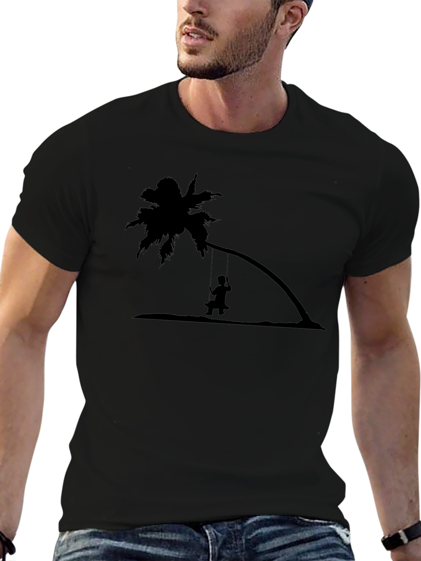 Black T-Shirt with Palm Tree Swing Design