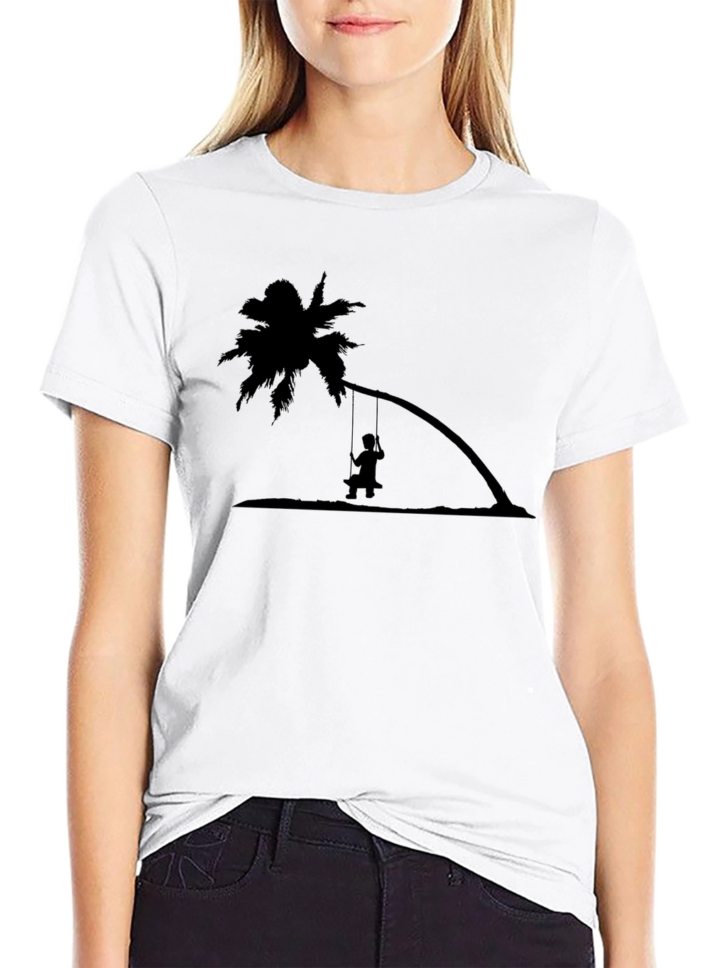 Black T-Shirt with Palm Tree Swing Design