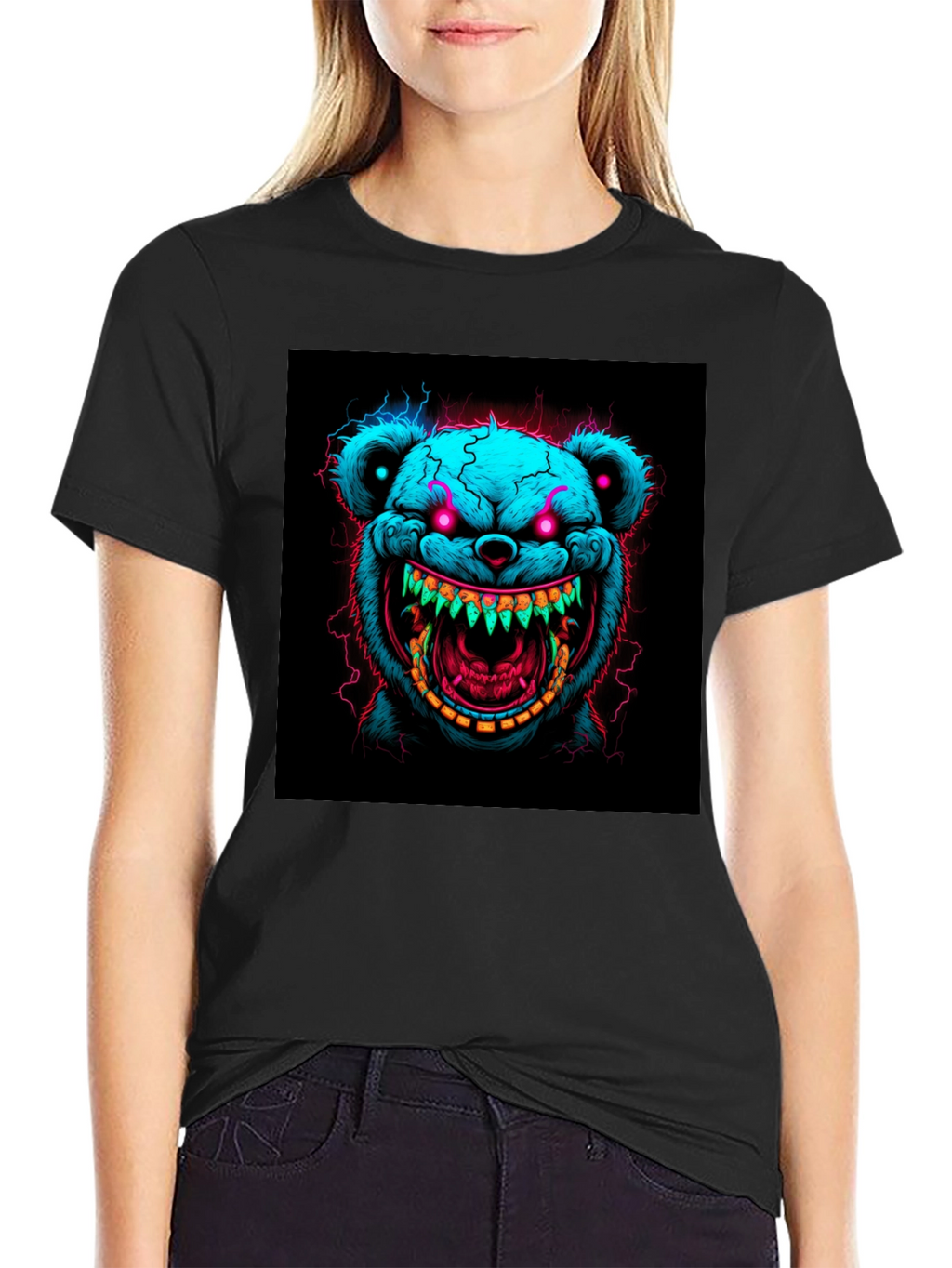 Creepy Bear Graphic Tee - Neon Nightmare