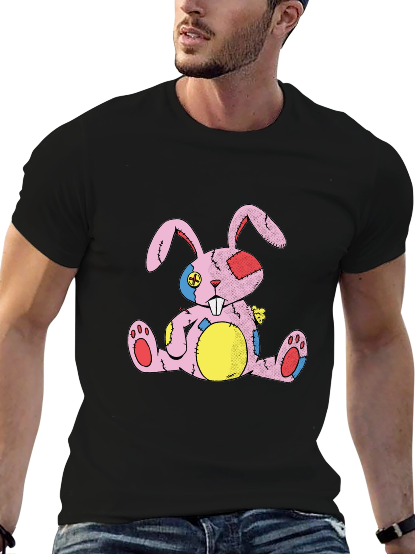 Distressed Stuffed Bunny Black T-Shirt