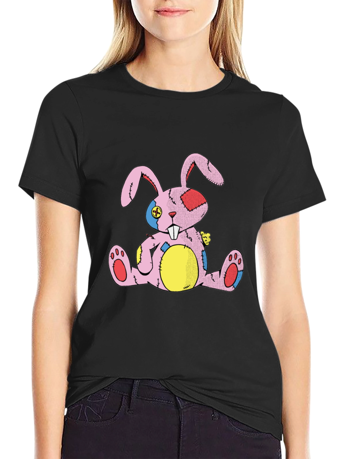 Distressed Stuffed Bunny Black T-Shirt