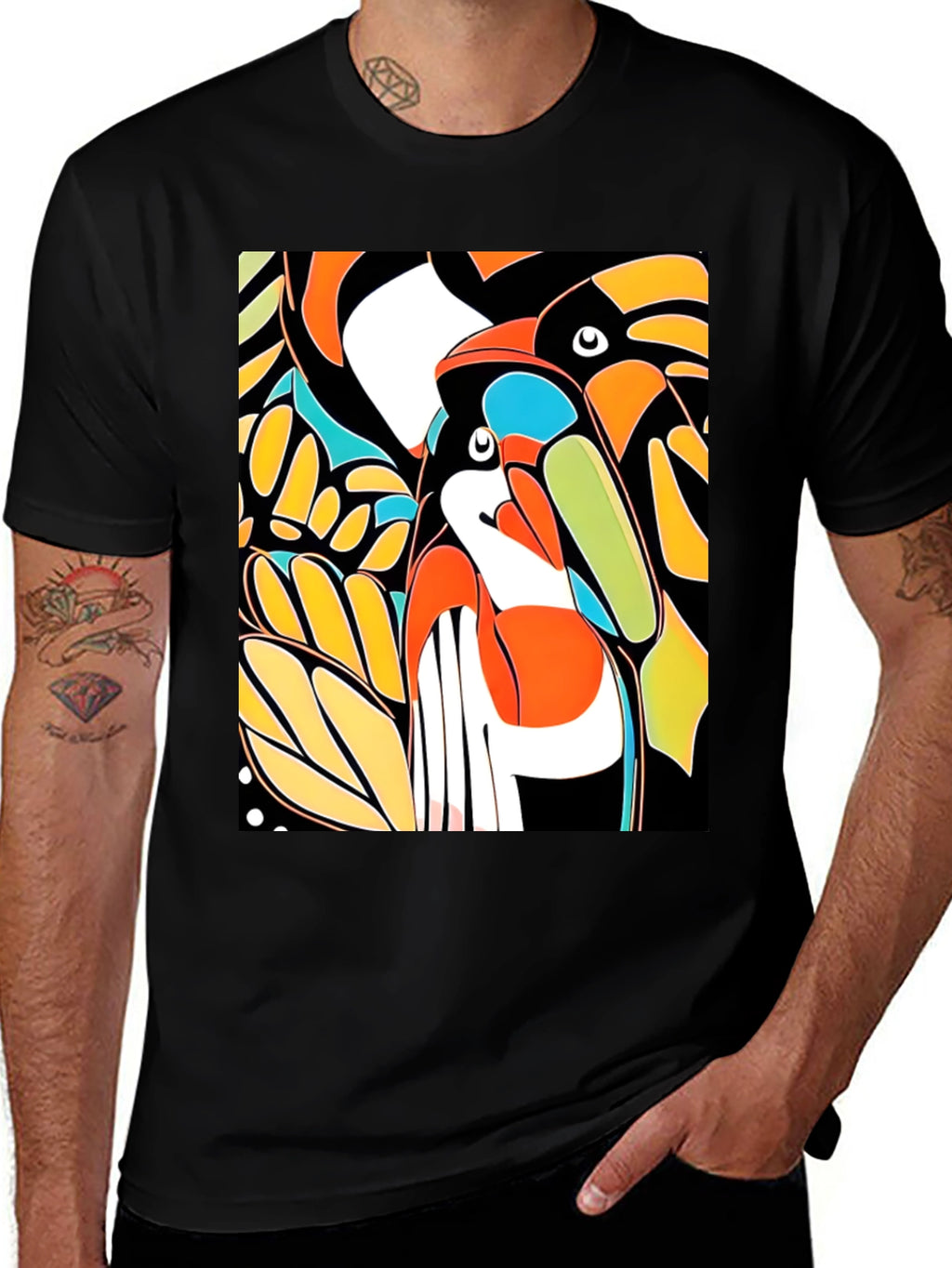 Abstract Toucan Print Black T-Shirt