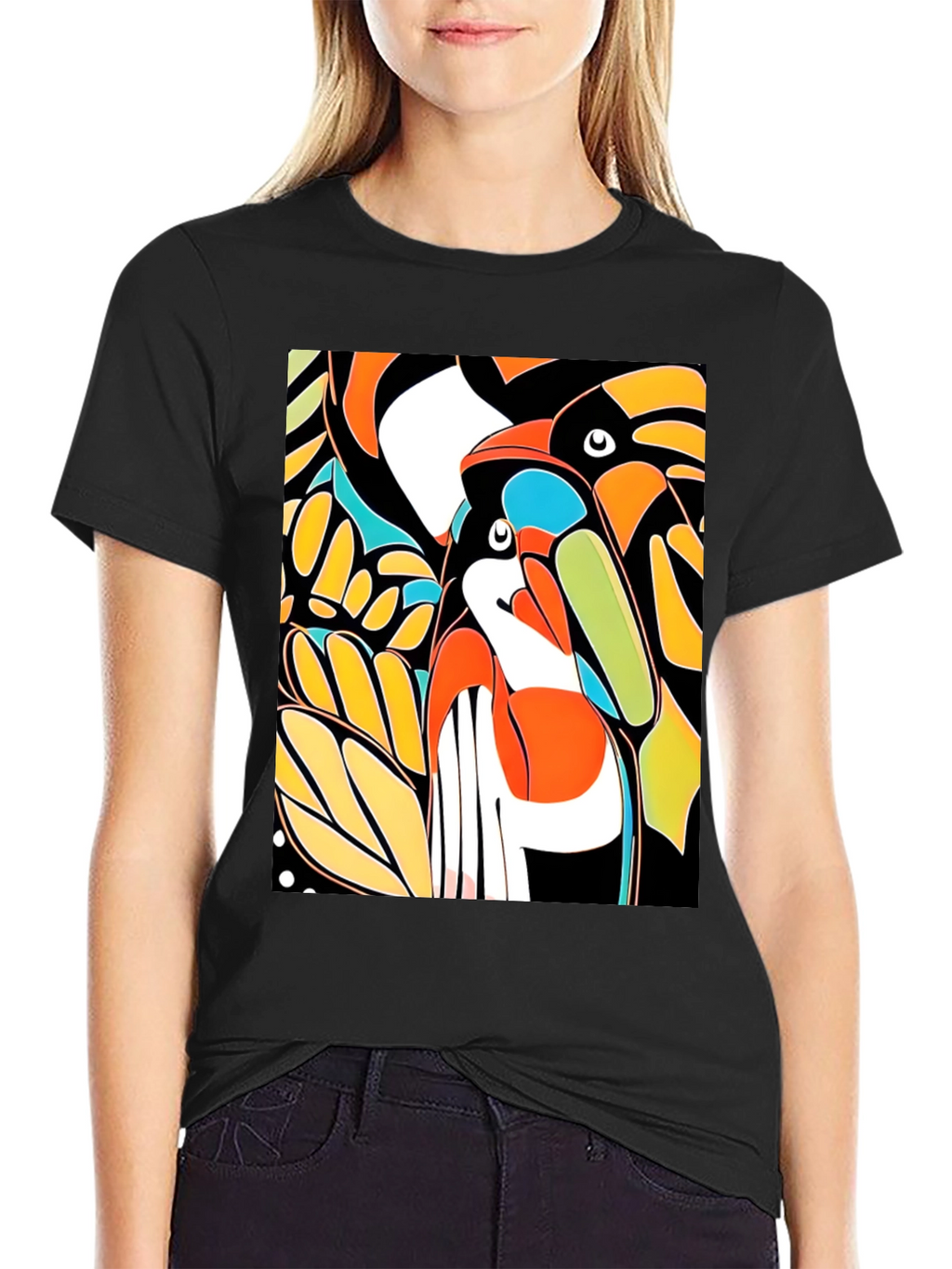 Abstract Toucan Print Black T-Shirt