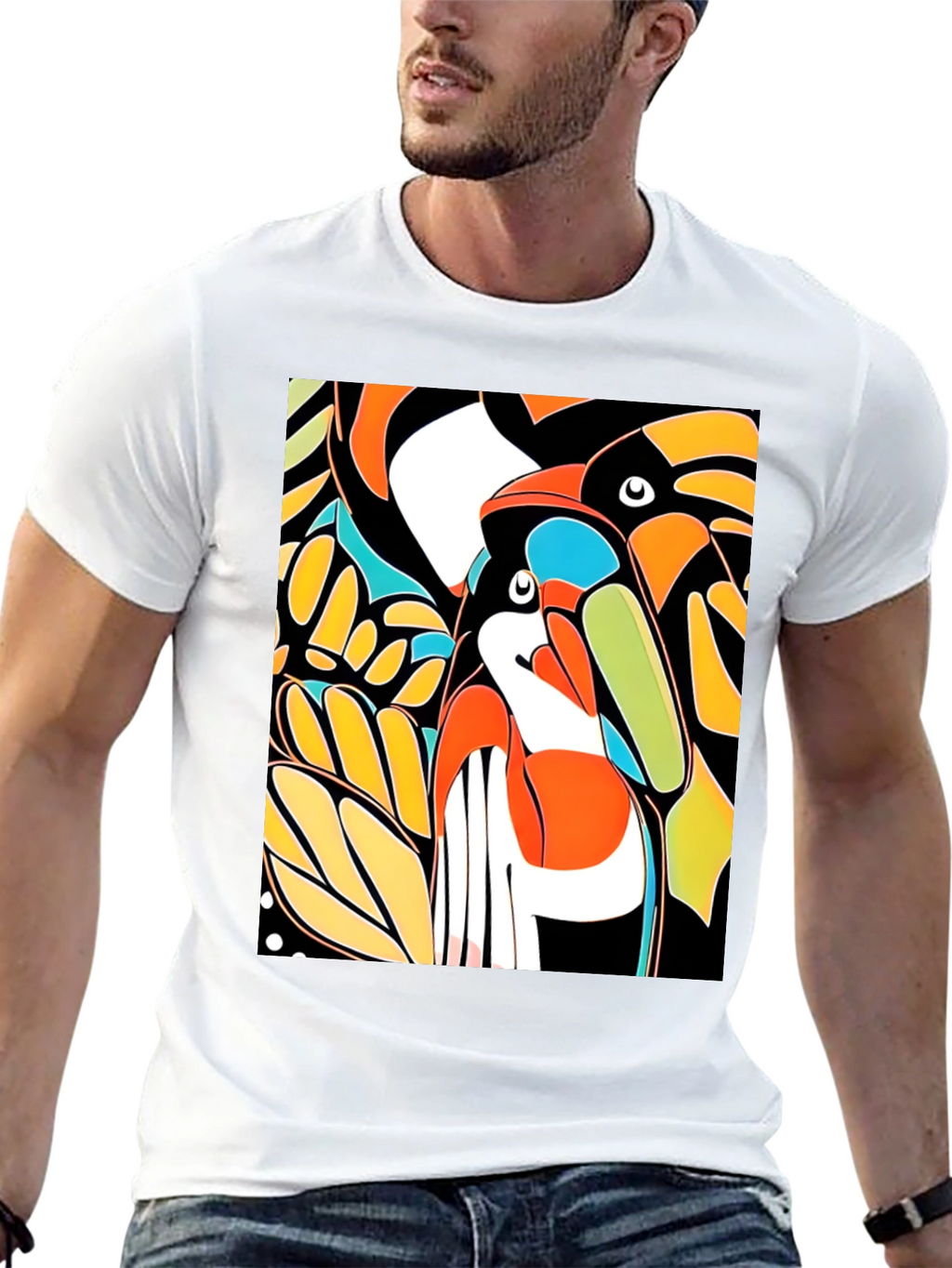 Abstract Toucan Print Black T-Shirt