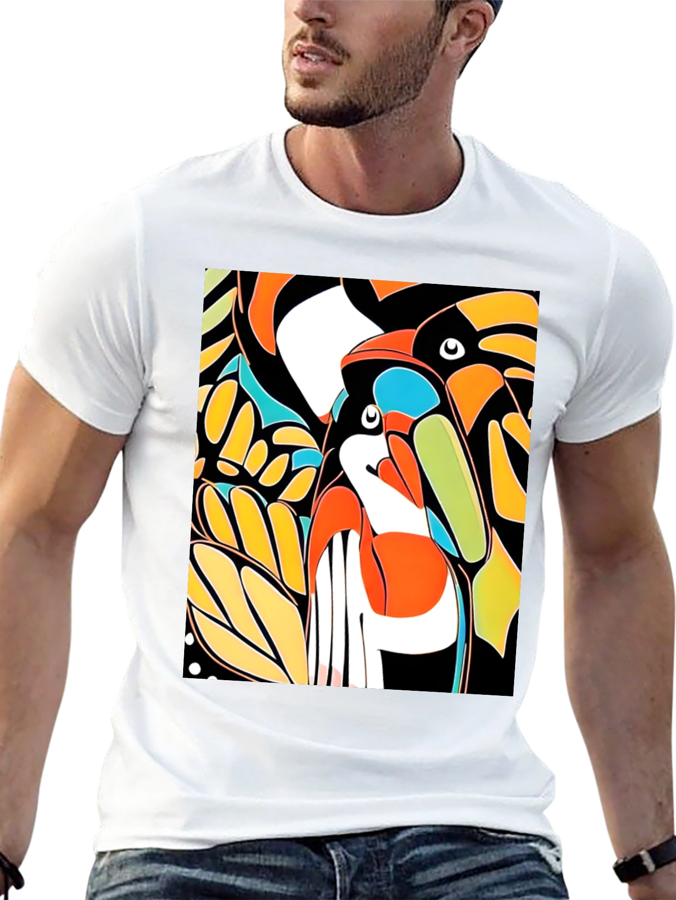Abstract Toucan Print Black T-Shirt