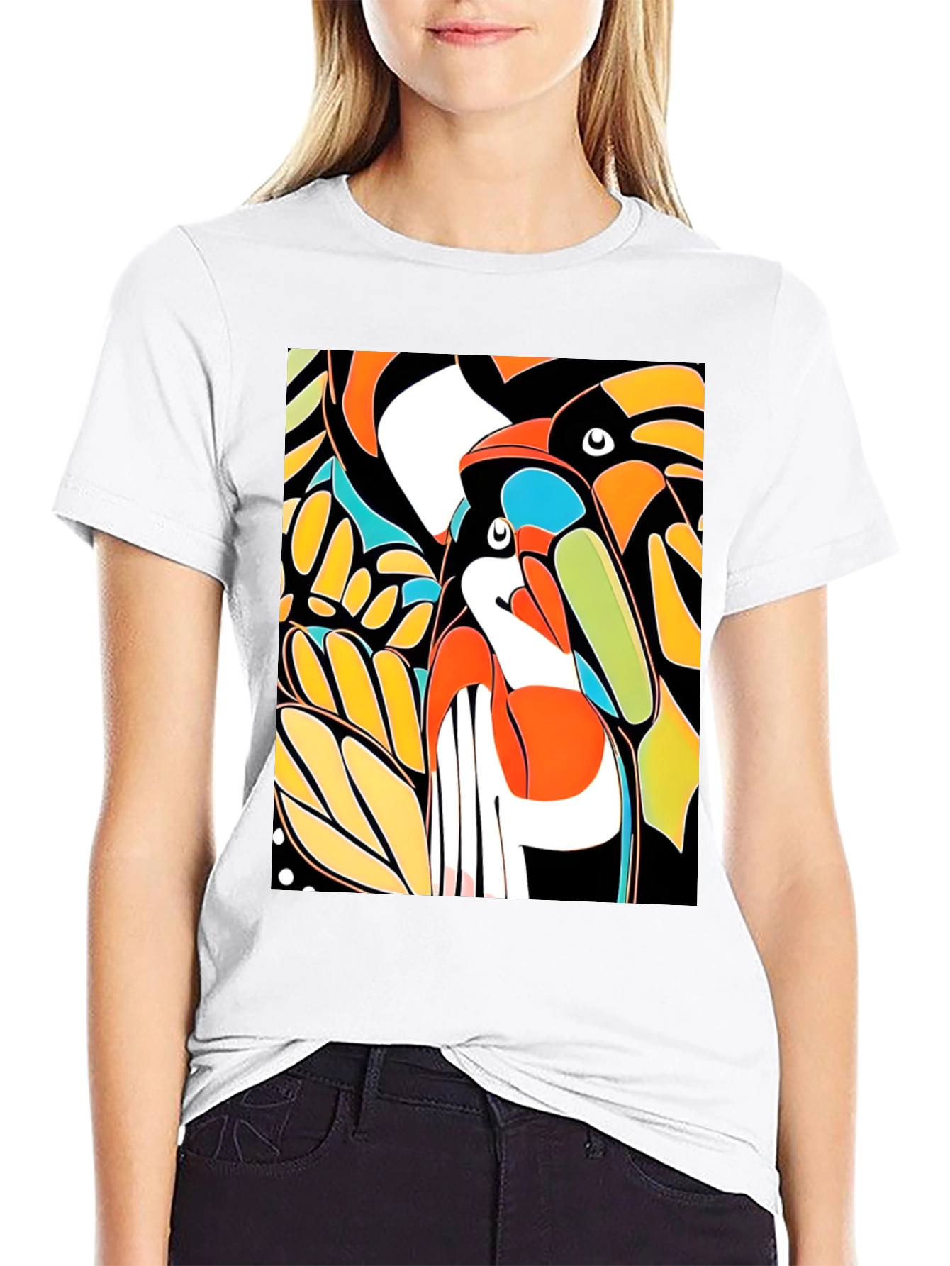Abstract Toucan Print Black T-Shirt