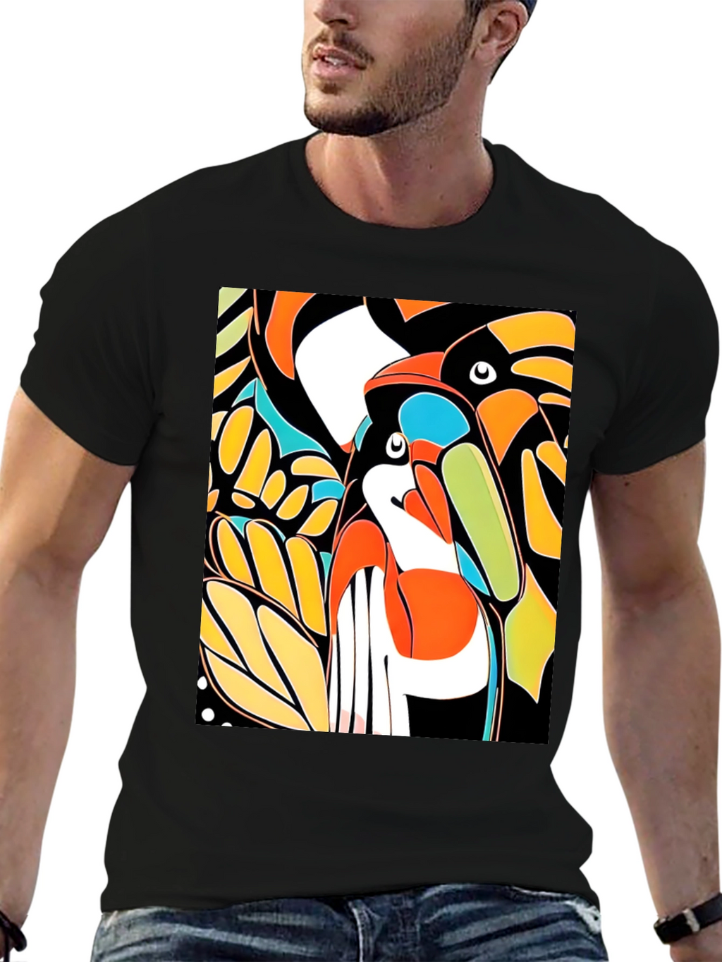 Abstract Toucan Print Black T-Shirt