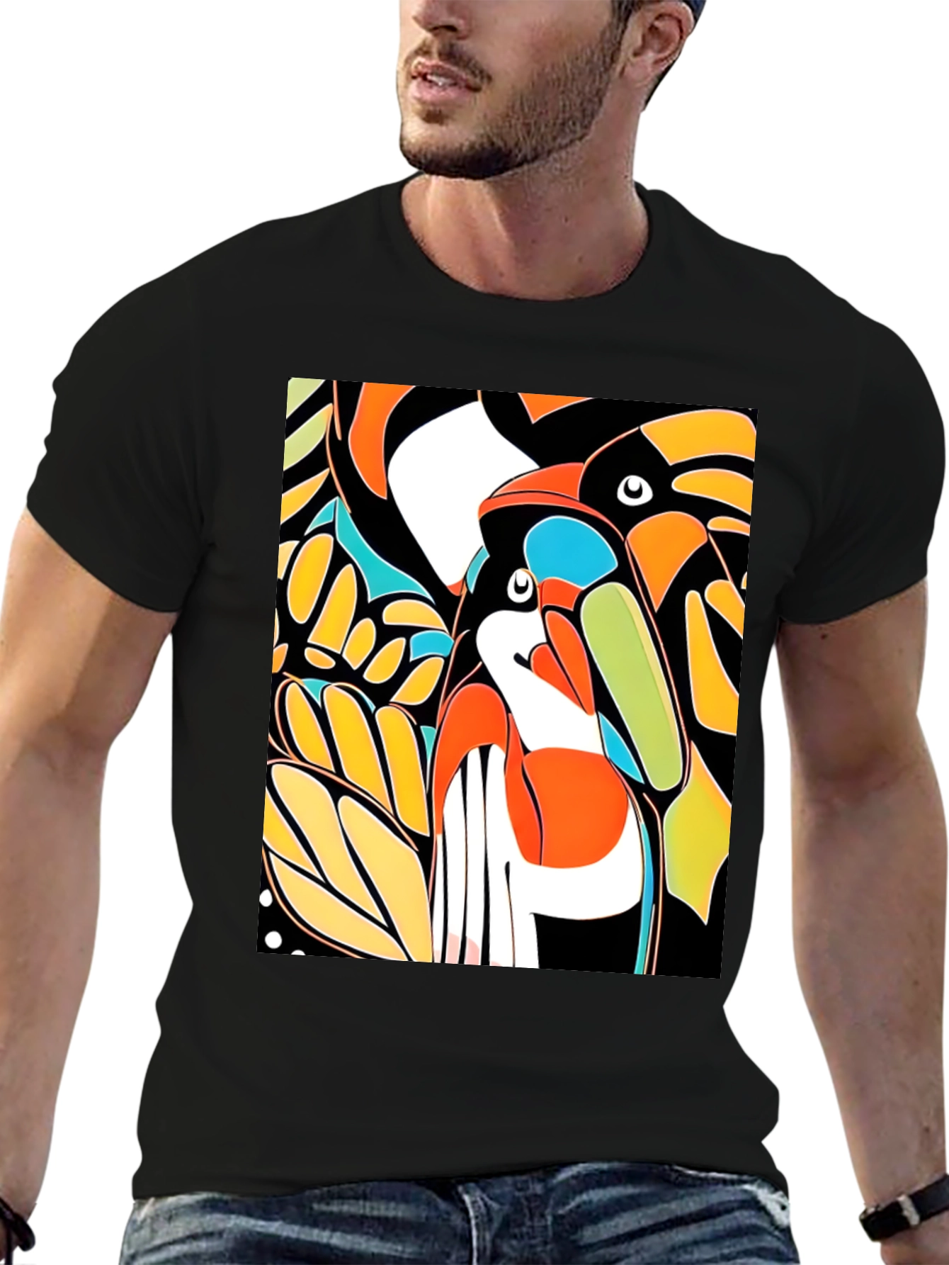 Abstract Toucan Print Black T-Shirt