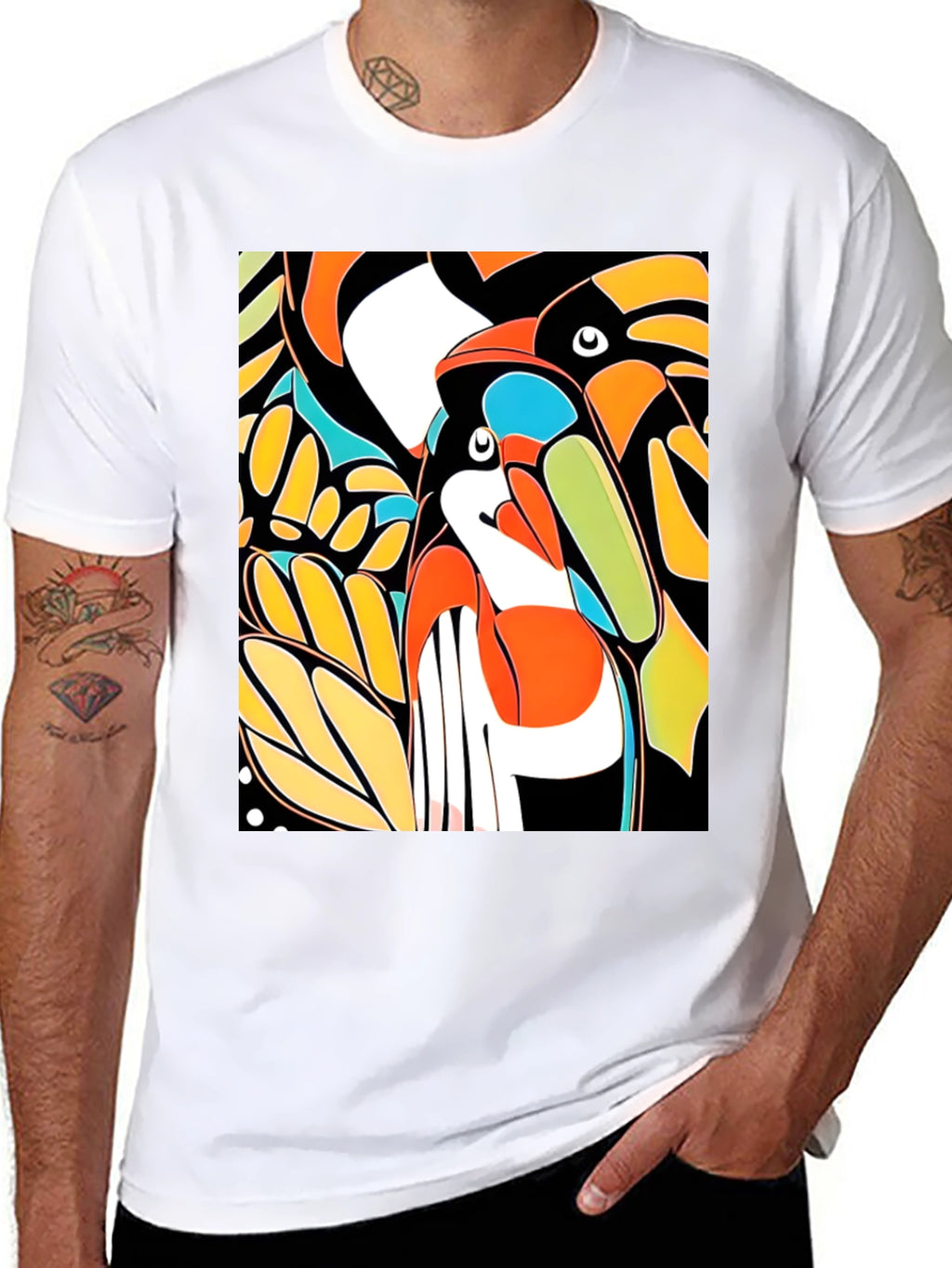 Abstract Toucan Print Black T-Shirt