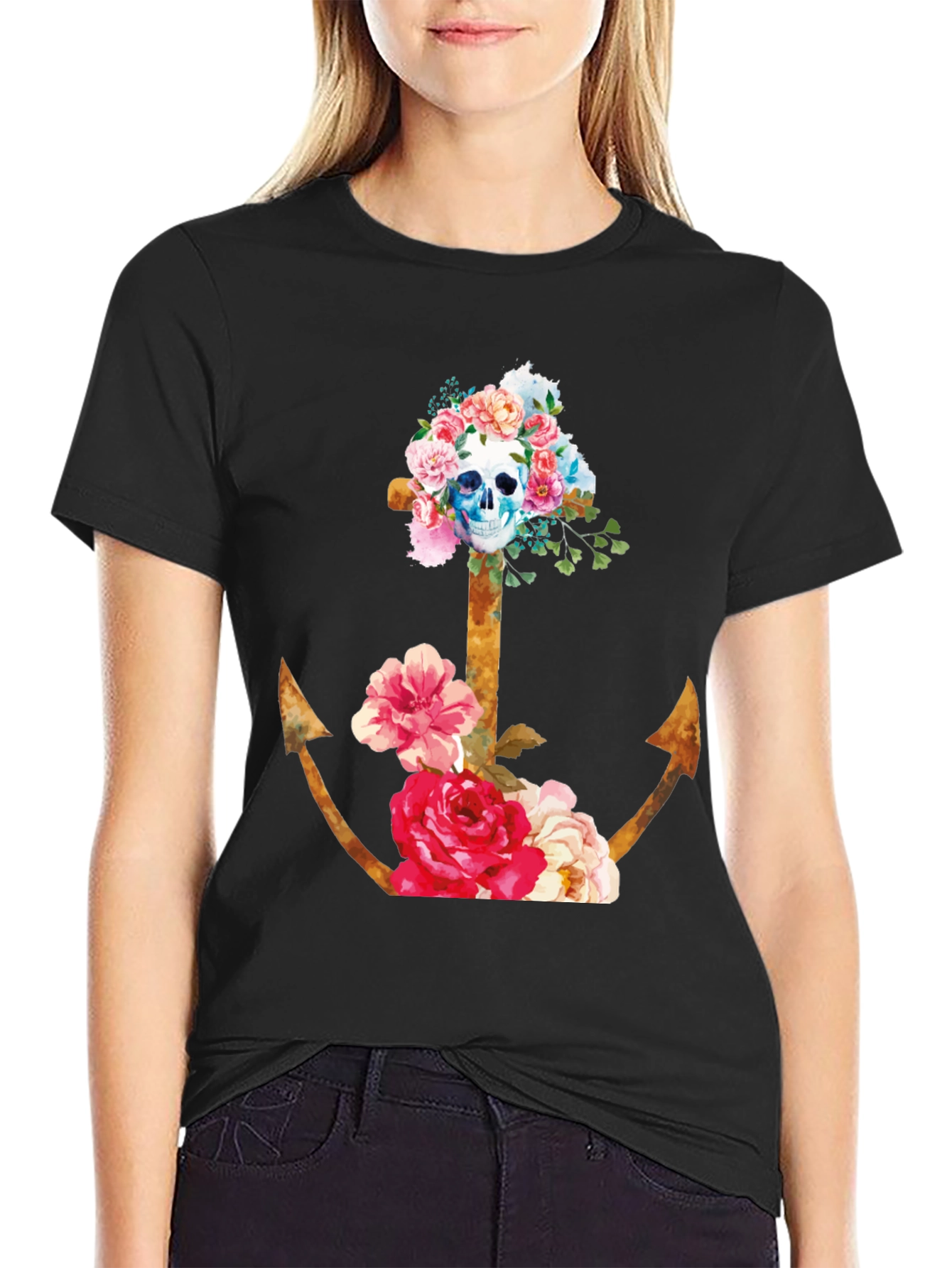 Floral Skull Anchor Graphic Tee