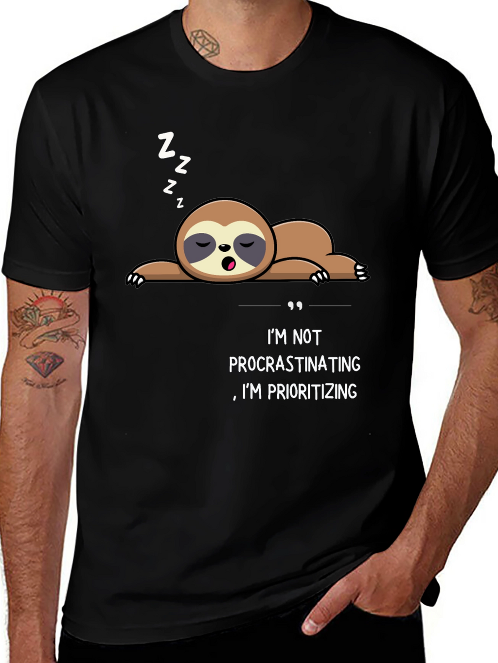 Funny Sloth Procrastinating Prioritizing Black T-Shirt