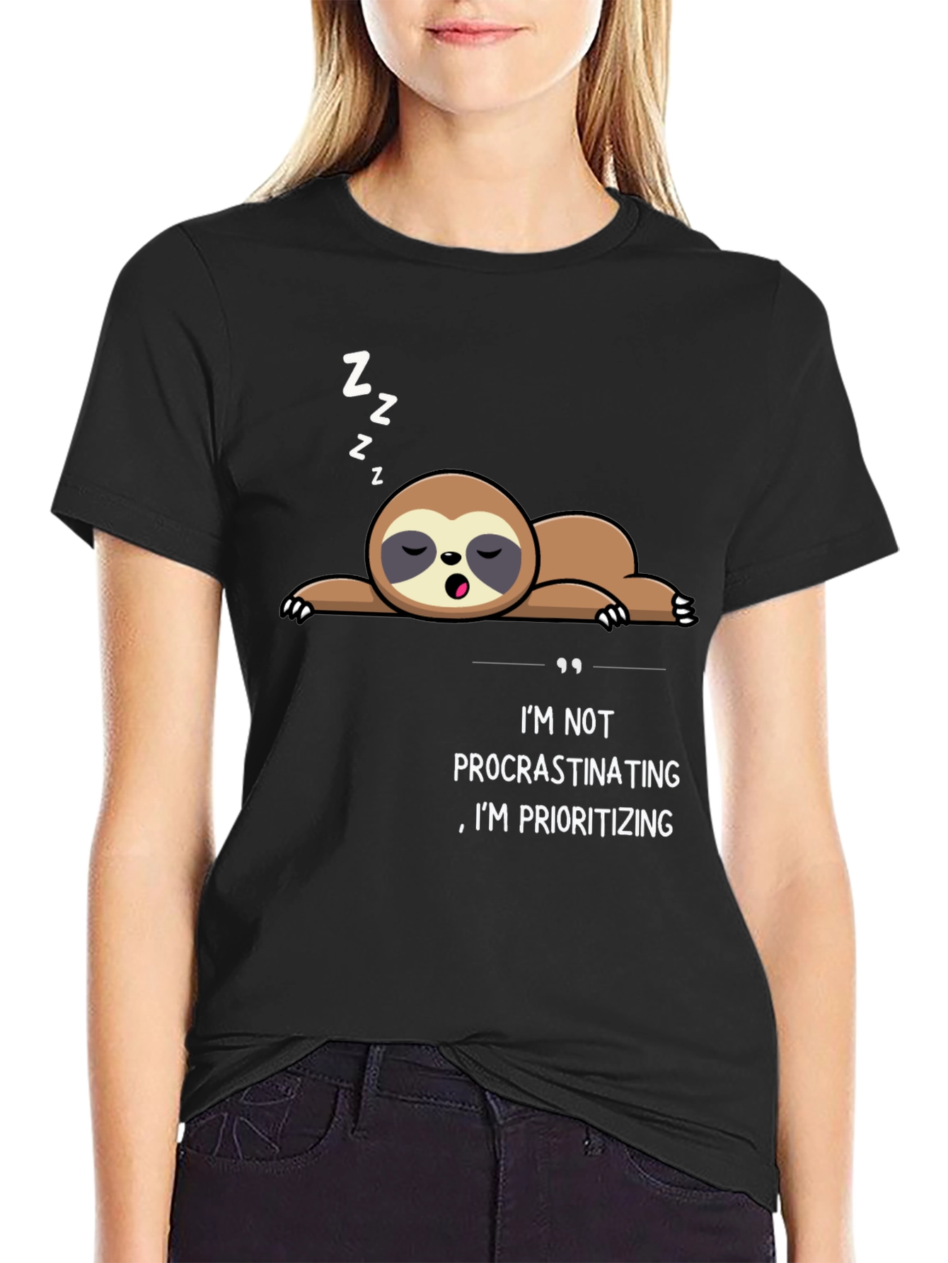 Funny Sloth Procrastinating Prioritizing Black T-Shirt