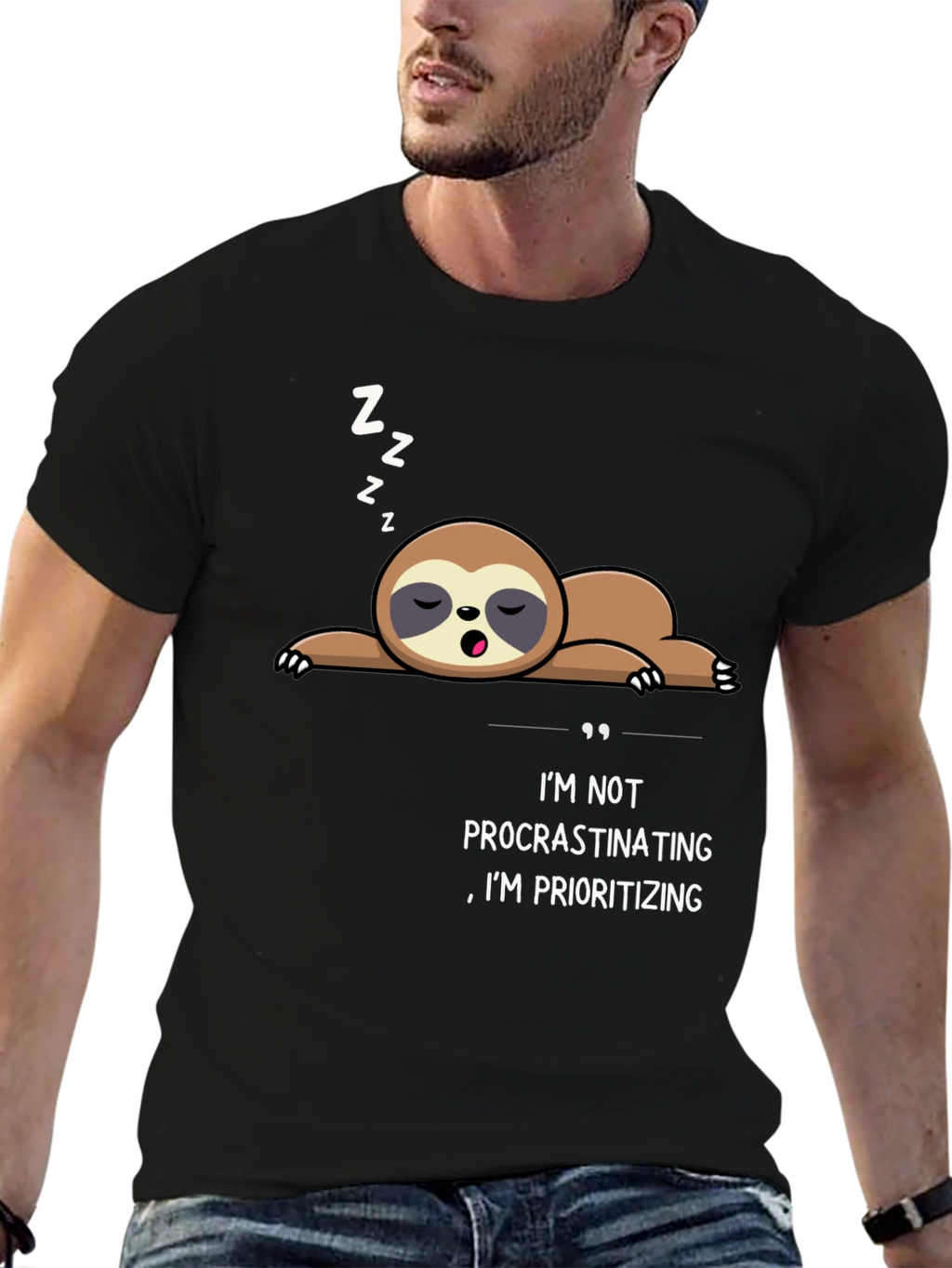 Funny Sloth Procrastinating Prioritizing Black T-Shirt