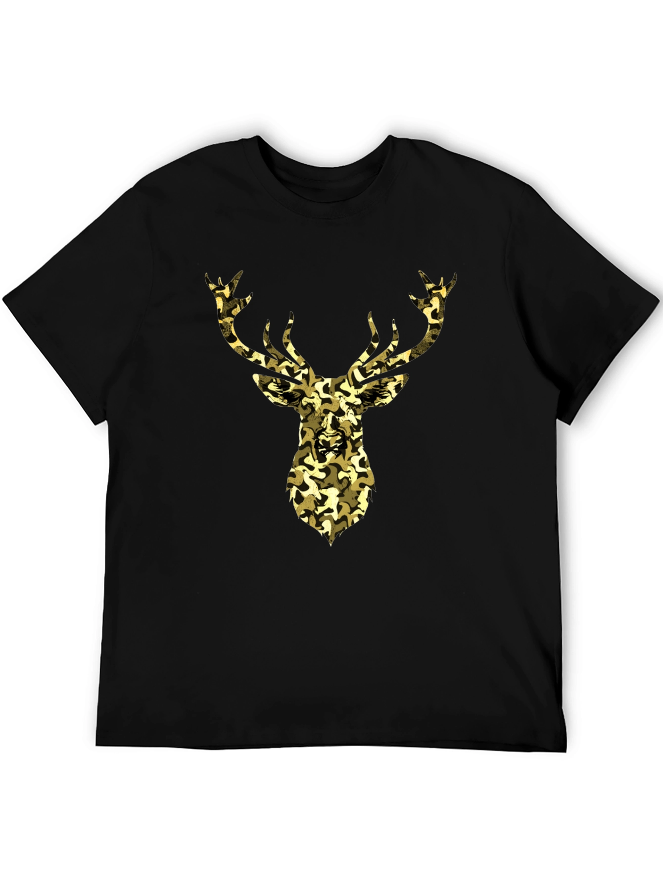 Camo Deer Graphic Tee - Black Cotton Casual Shirt