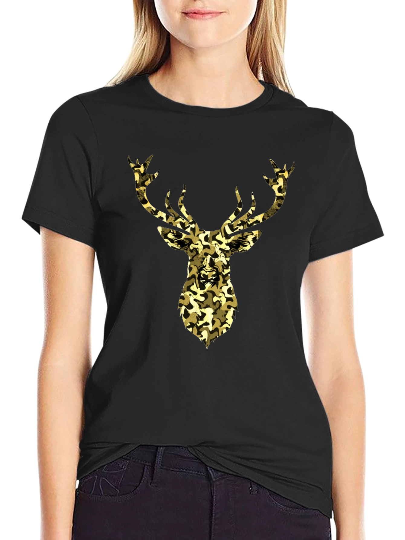 Camo Deer Graphic Tee - Black Cotton Casual Shirt