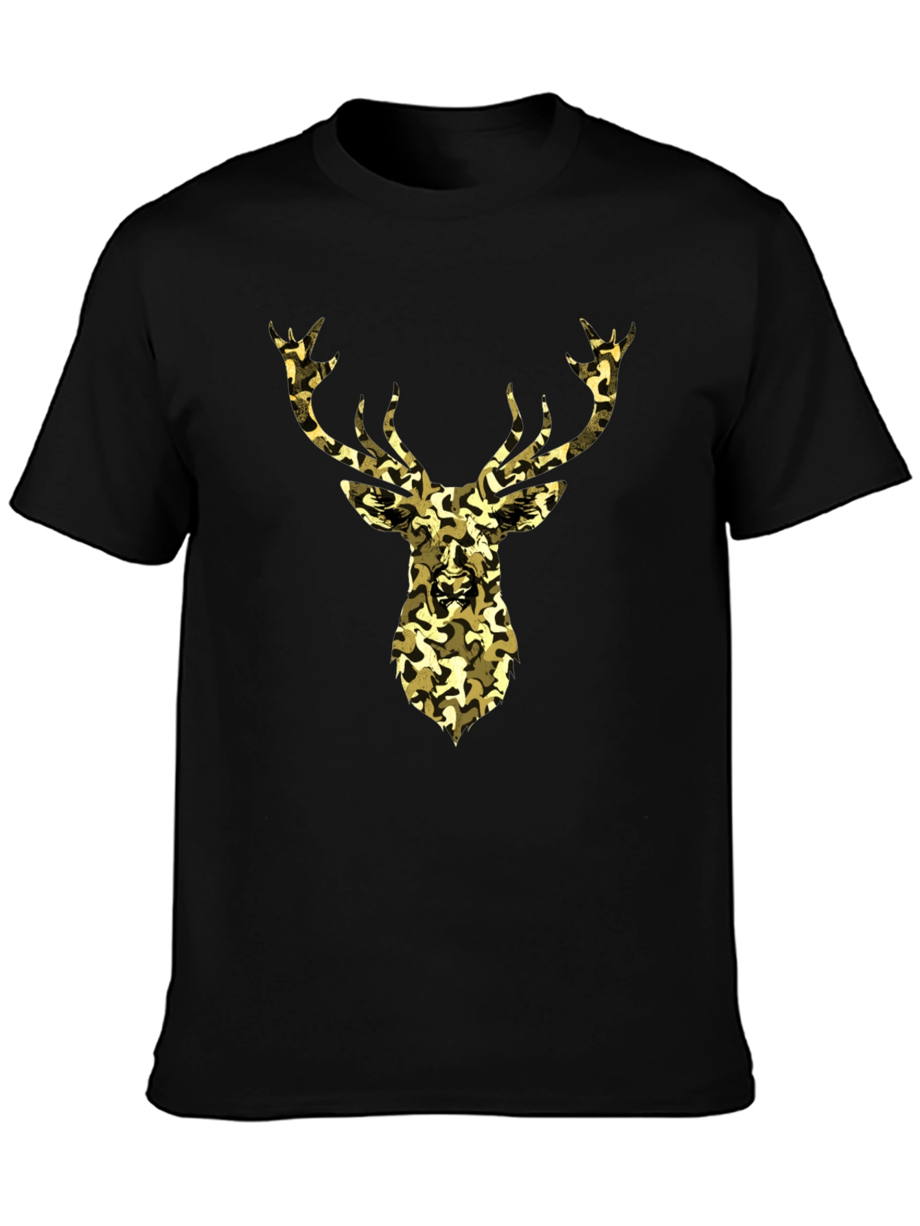 Camo Deer Graphic Tee - Black Cotton Casual Shirt