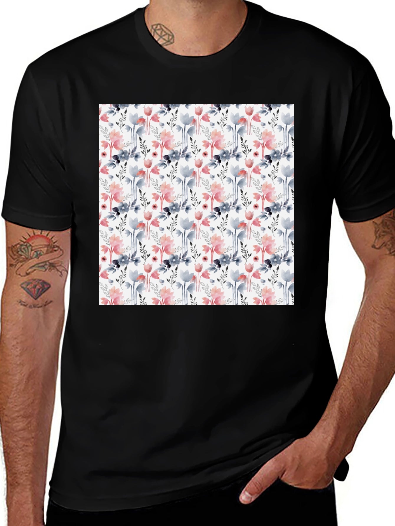 Floral Patterned Mens T-Shirt - Black Casual Tee