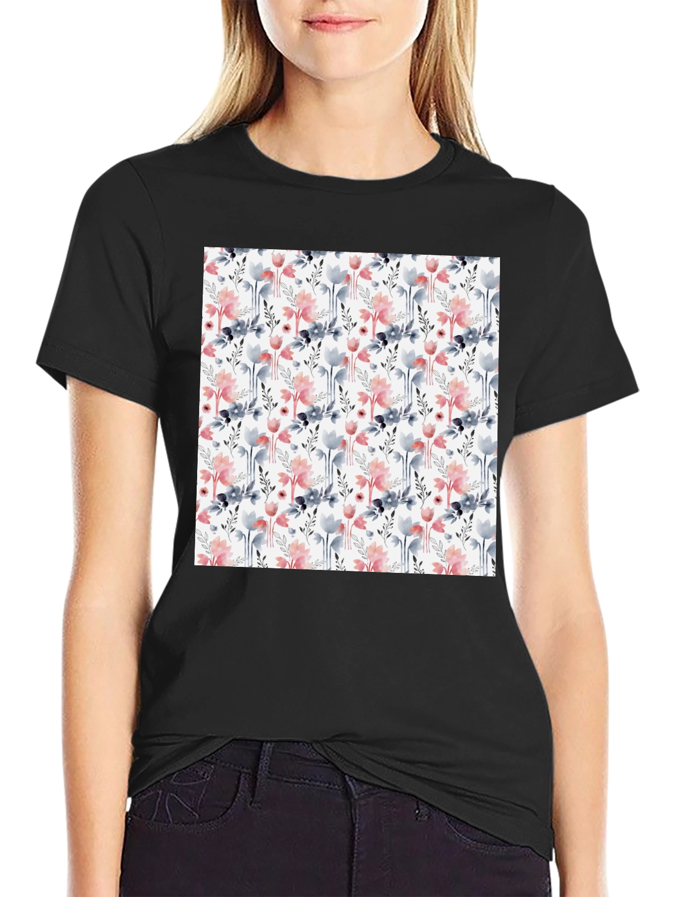 Floral Patterned Mens T-Shirt - Black Casual Tee